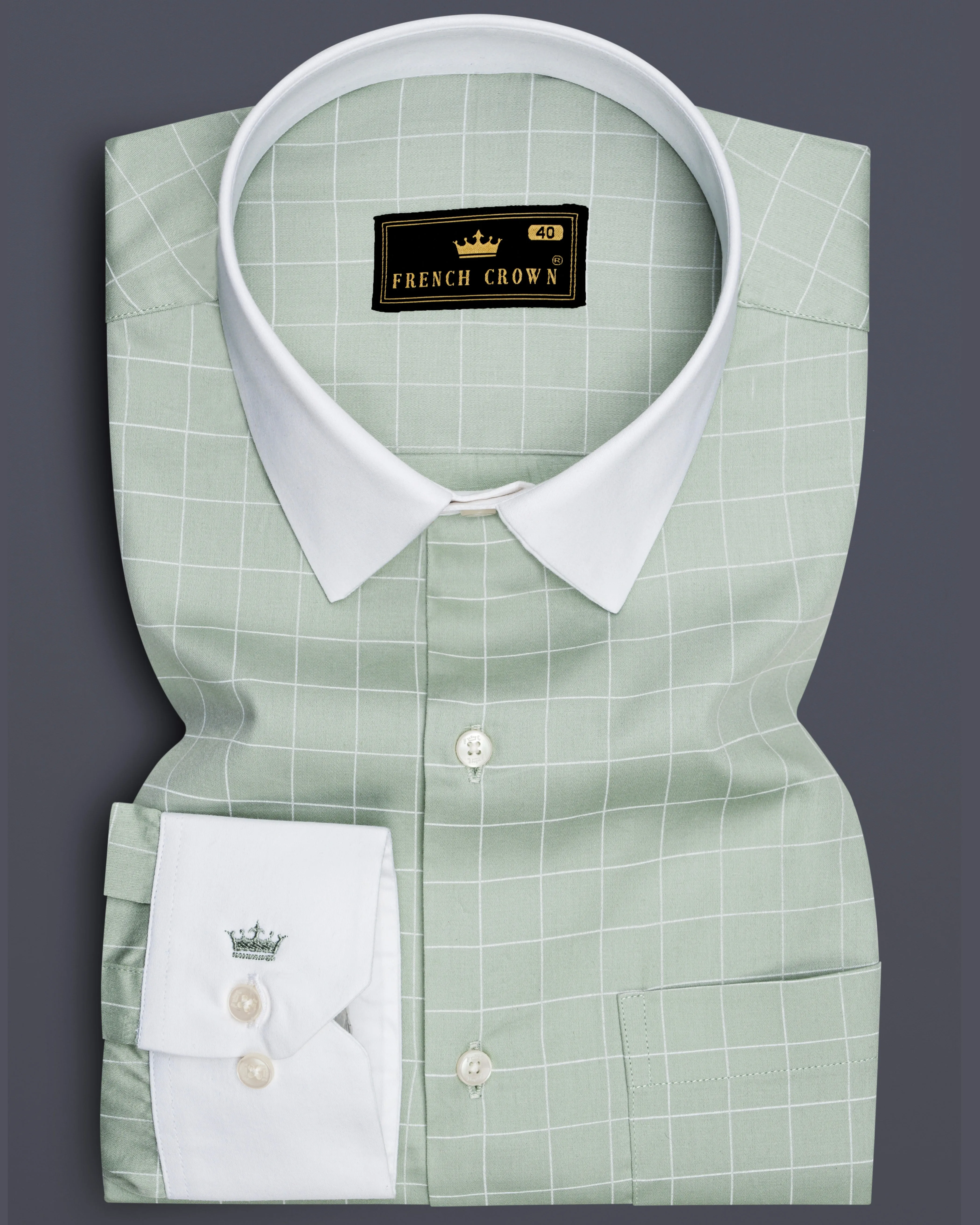 Verdant-Chalice Green And Bright White Windowpane Subtle Sheen Super Soft Premium Cotton Dress White Cuff Collar Shirt sold by French Crown