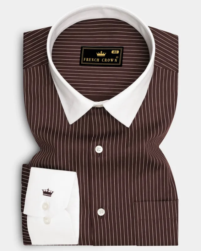 Umber-Bistre Brown And Bright White Pin Striped Subtle Sheen Super Soft Premium Cotton Dress White Cuff Collar Shirt made by French Crown