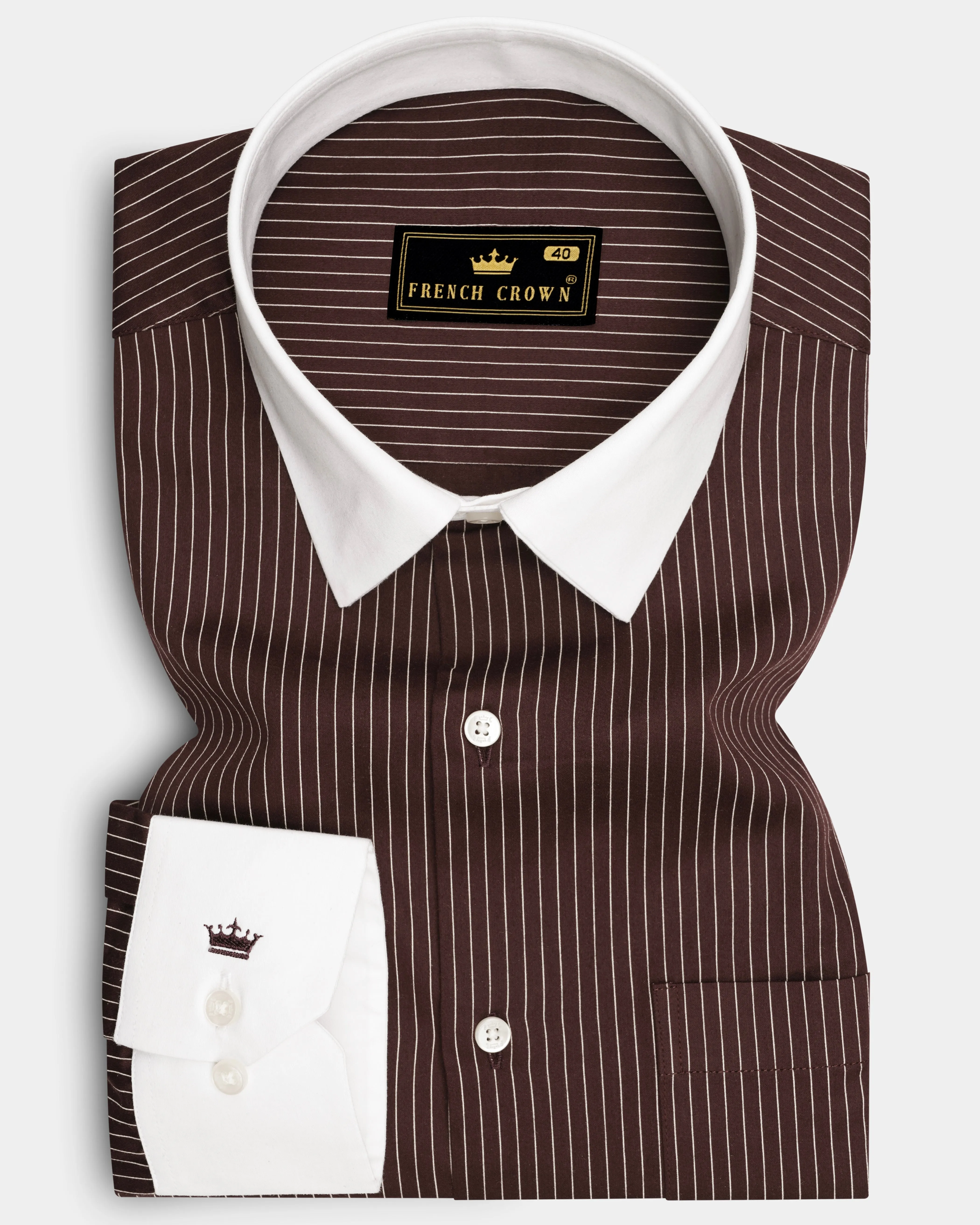 Umber-Bistre Brown And Bright White Pin Striped Subtle Sheen Super Soft Premium Cotton Dress White Cuff Collar Shirt sold by French Crown