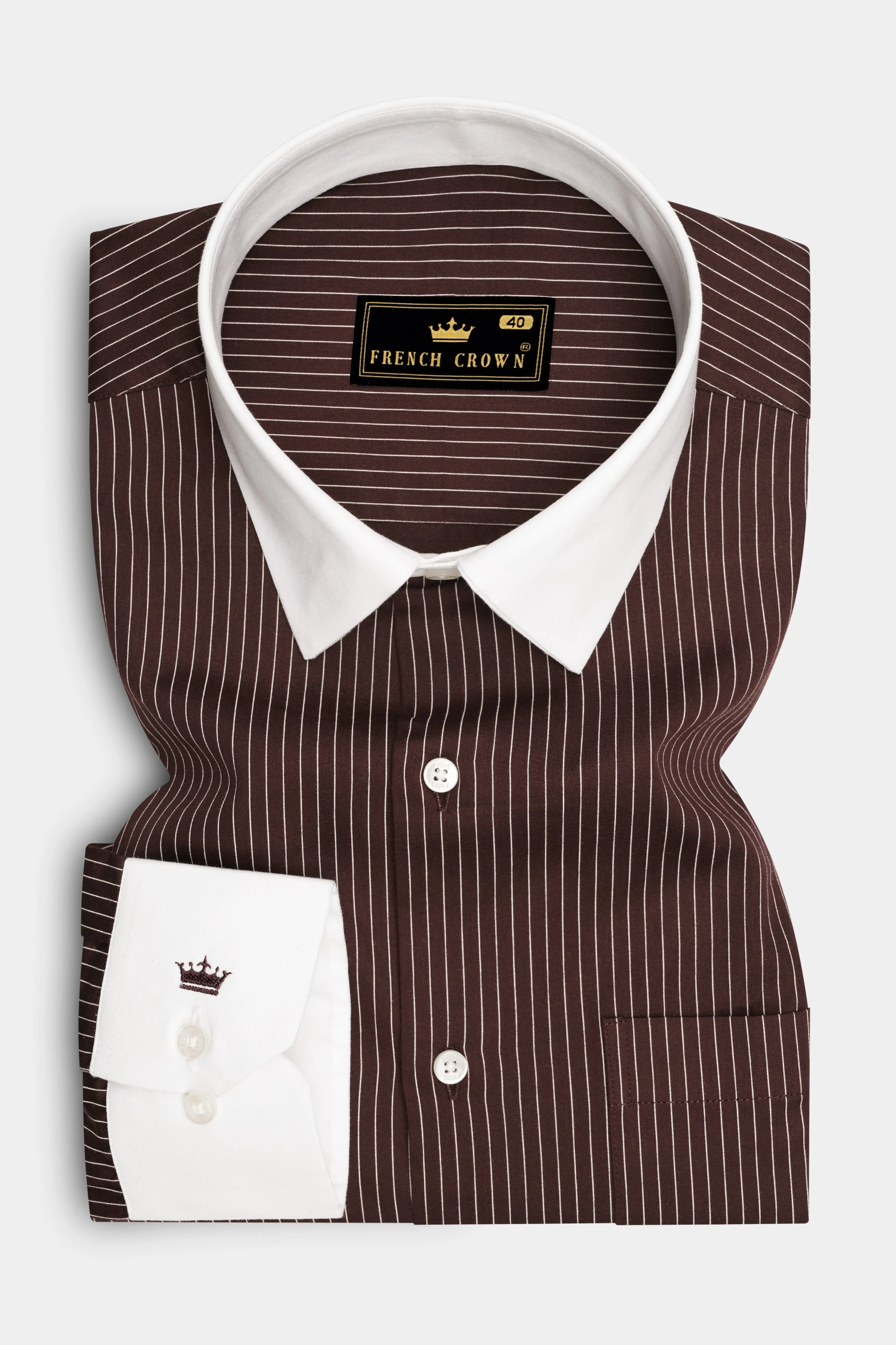 Umber-Bistre Brown And Bright White Pin Striped Subtle Sheen Super Soft Premium Cotton Dress White Cuff Collar Shirt sold by French Crown product image thumbnail 2