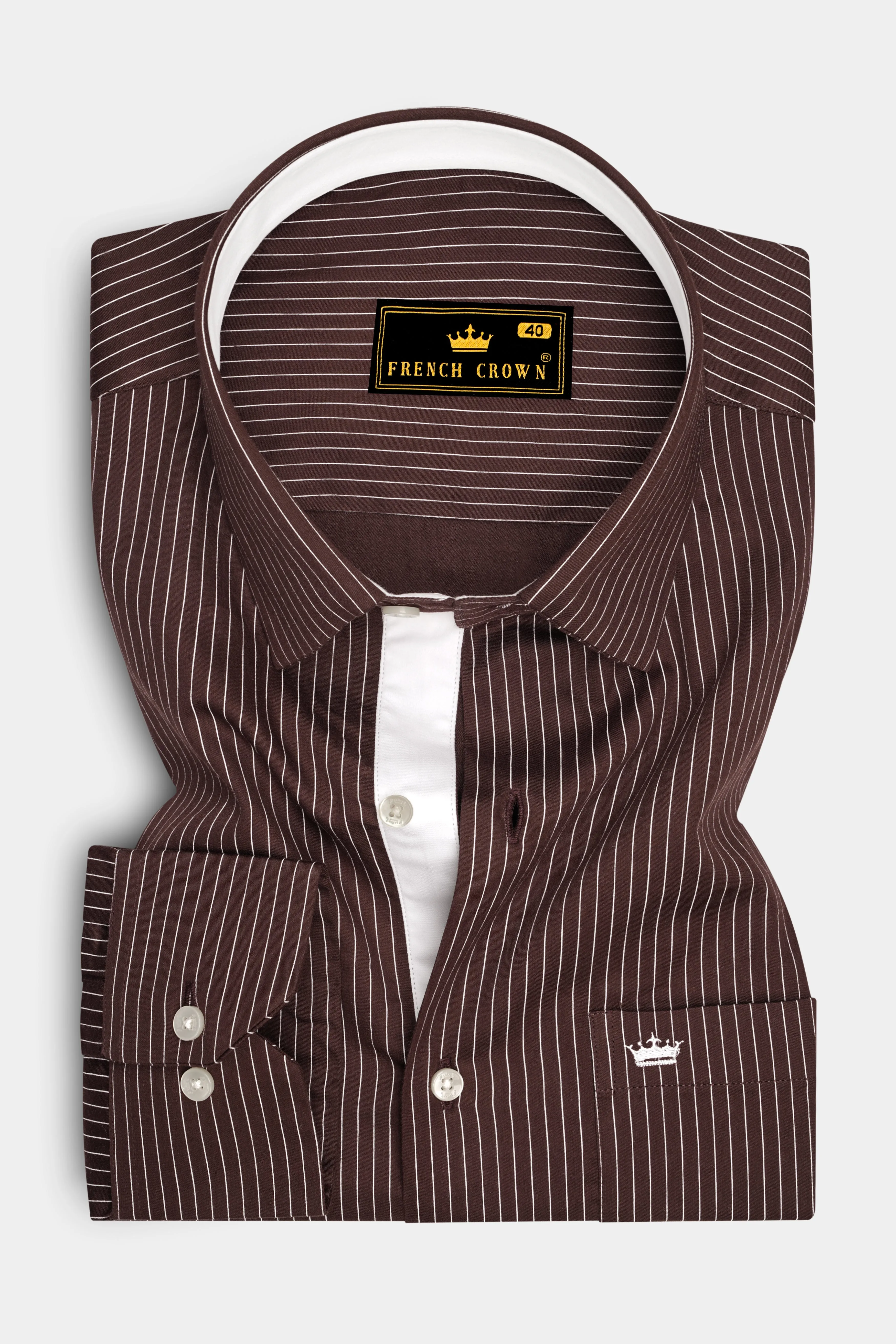 Umber-Bistre Brown And Bright White Pin Striped Subtle Sheen Soft Premium Cotton Dress Shirt sold by French Crown product image thumbnail 4
