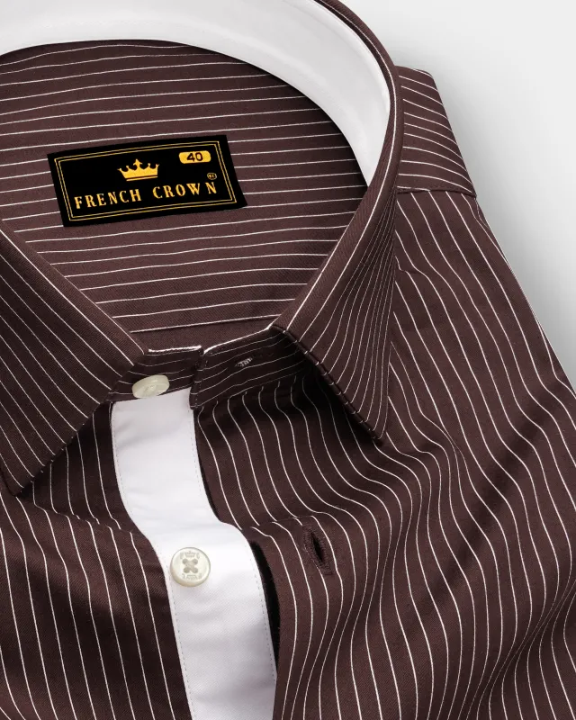 Umber-Bistre Brown And Bright White Pin Striped Subtle Sheen Soft Premium Cotton Dress Shirt made by French Crown
