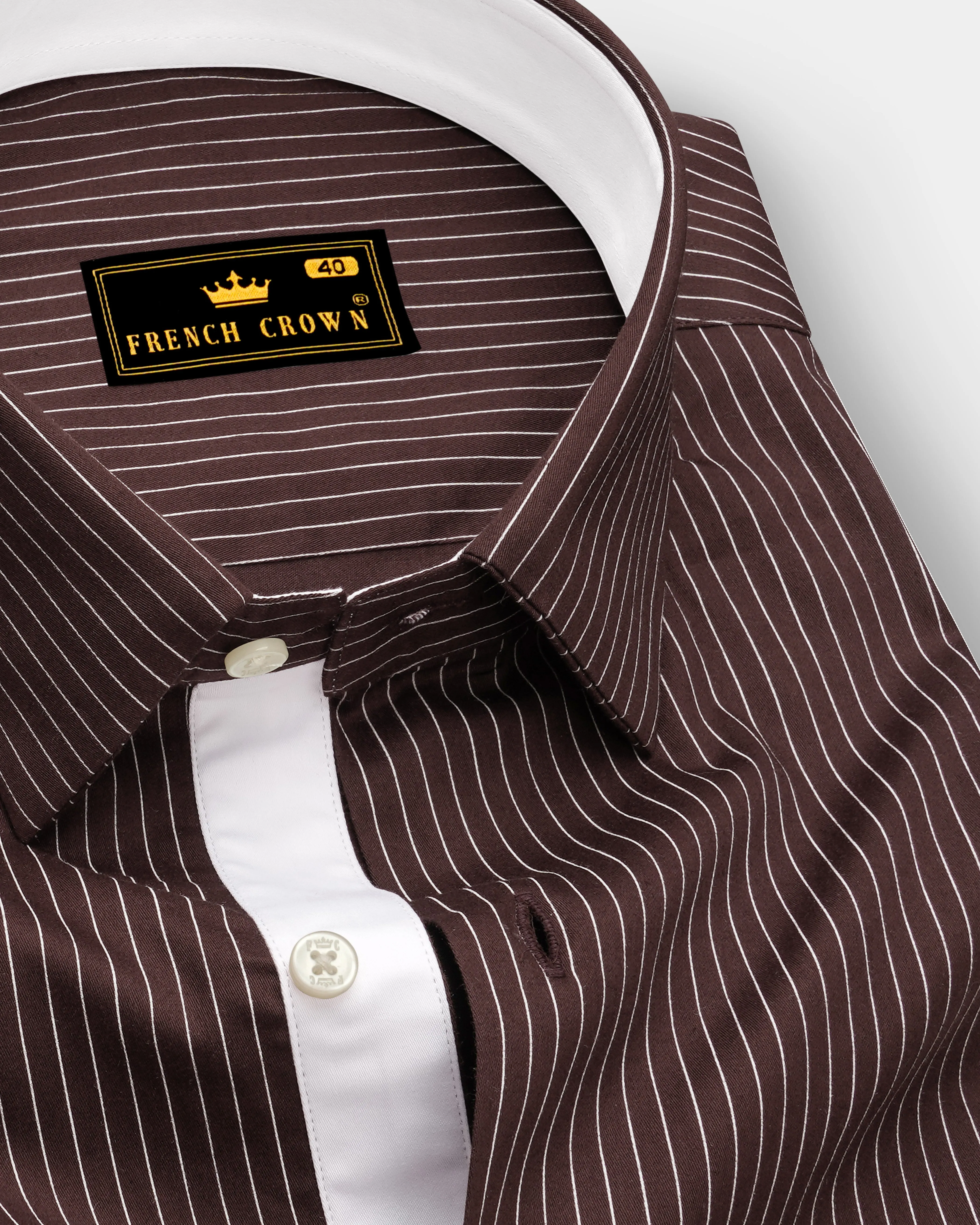 Umber-Bistre Brown And Bright White Pin Striped Subtle Sheen Soft Premium Cotton Dress Shirt sold by French Crown
