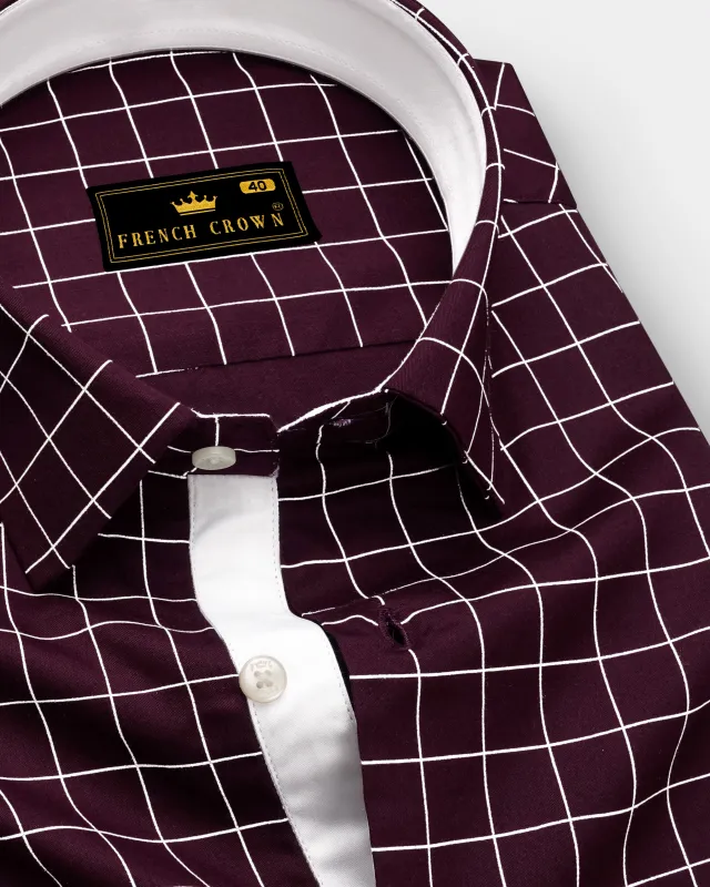 Garnet-Tamarind Maroon And Bright White Windowpane Subtle Sheen Soft Premium Cotton Dress Shirt made by French Crown