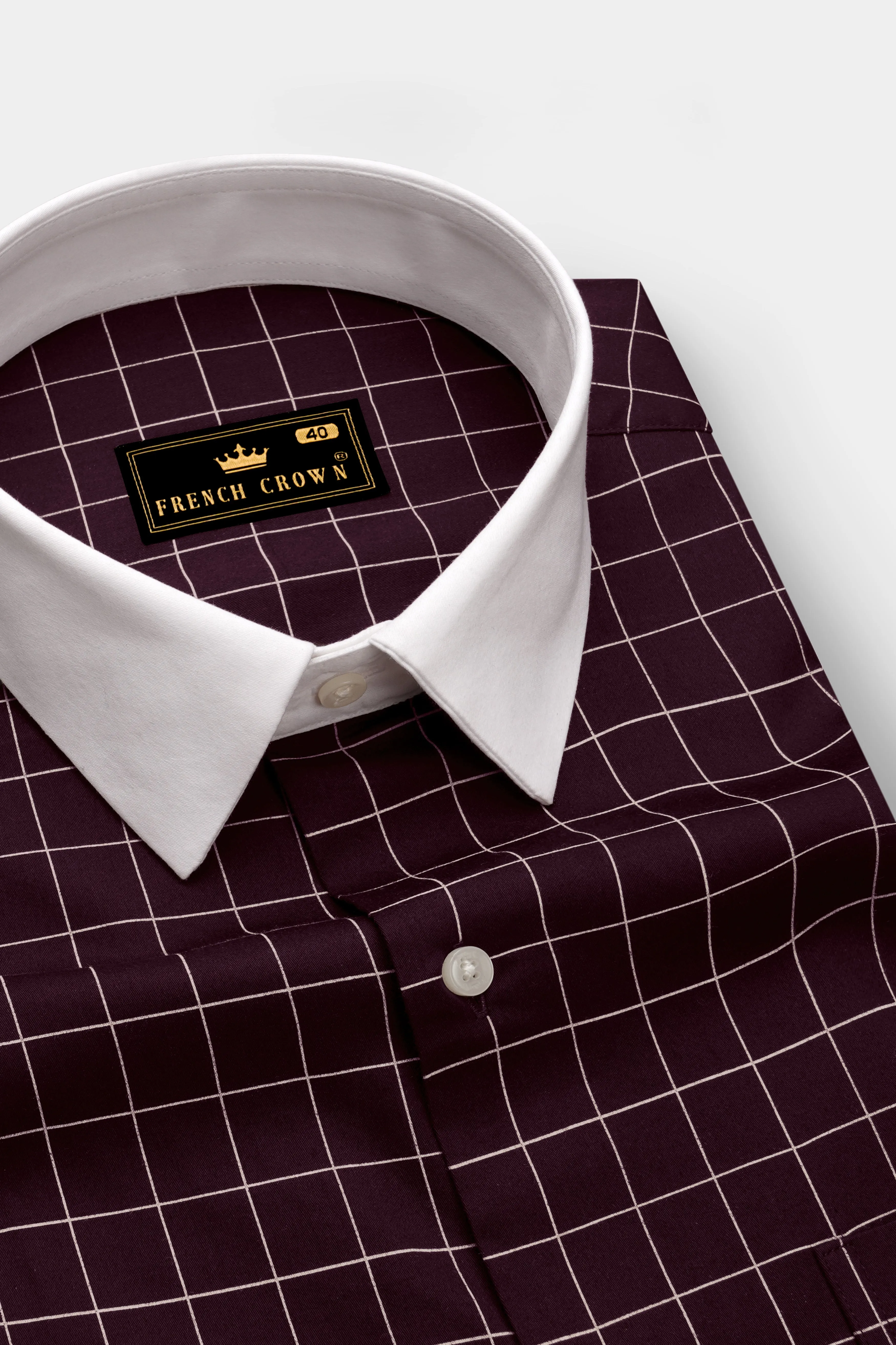 Garnet-Tamarind Maroon And Bright White Windowpane Subtle Sheen Super Soft Premium Cotton Dress White Cuff Collar Shirt sold by French Crown product image thumbnail 4
