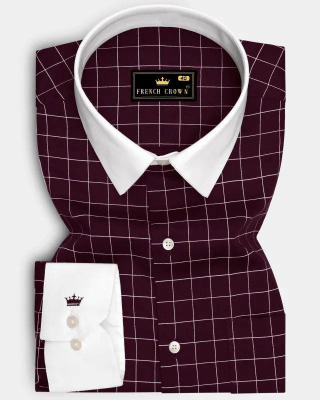 Garnet-Tamarind Maroon And Bright White Windowpane Subtle Sheen Super Soft Premium Cotton Dress White Cuff Collar Shirt made by French Crown