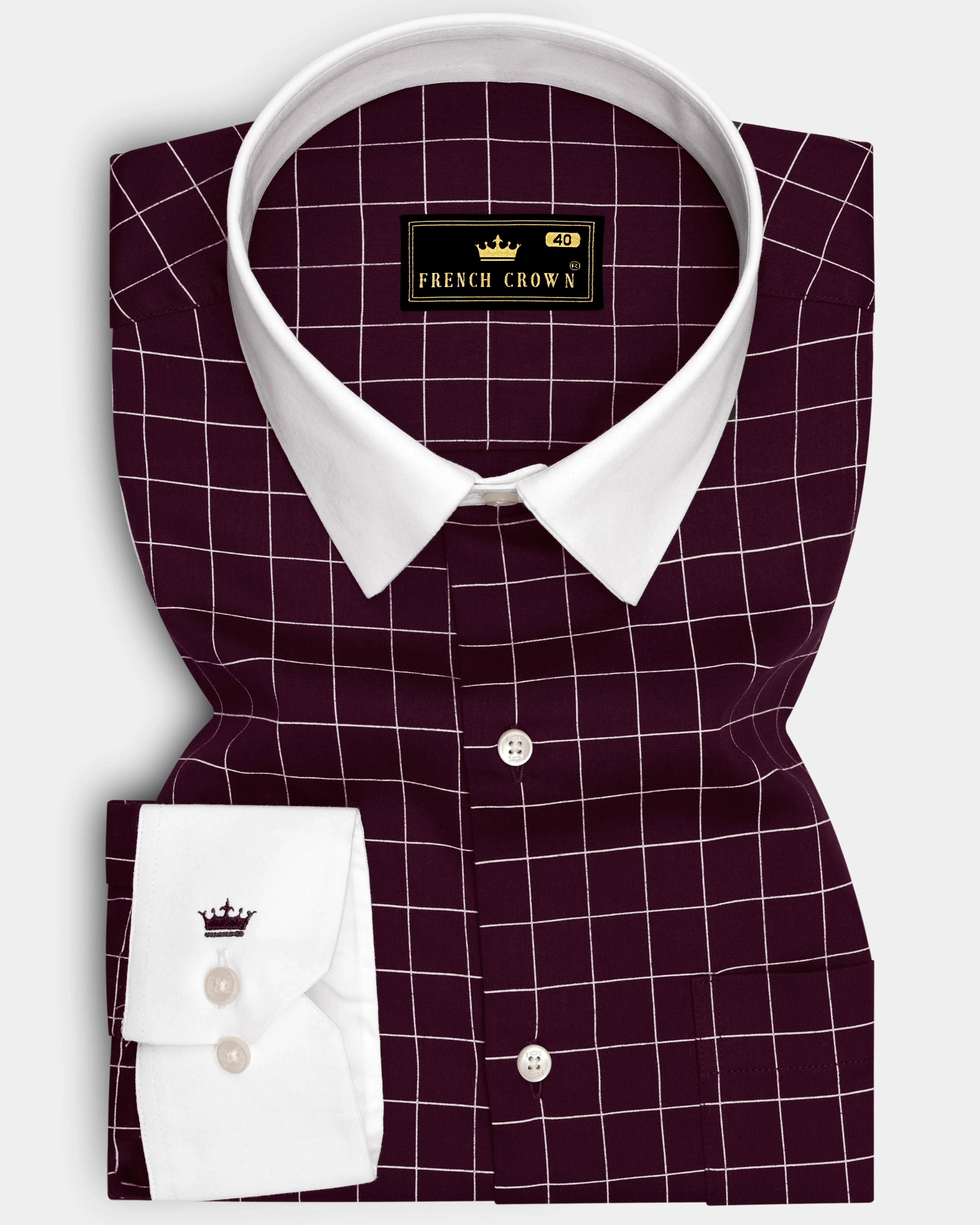 Garnet-Tamarind Maroon And Bright White Windowpane Subtle Sheen Super Soft Premium Cotton Dress White Cuff Collar Shirt sold by French Crown