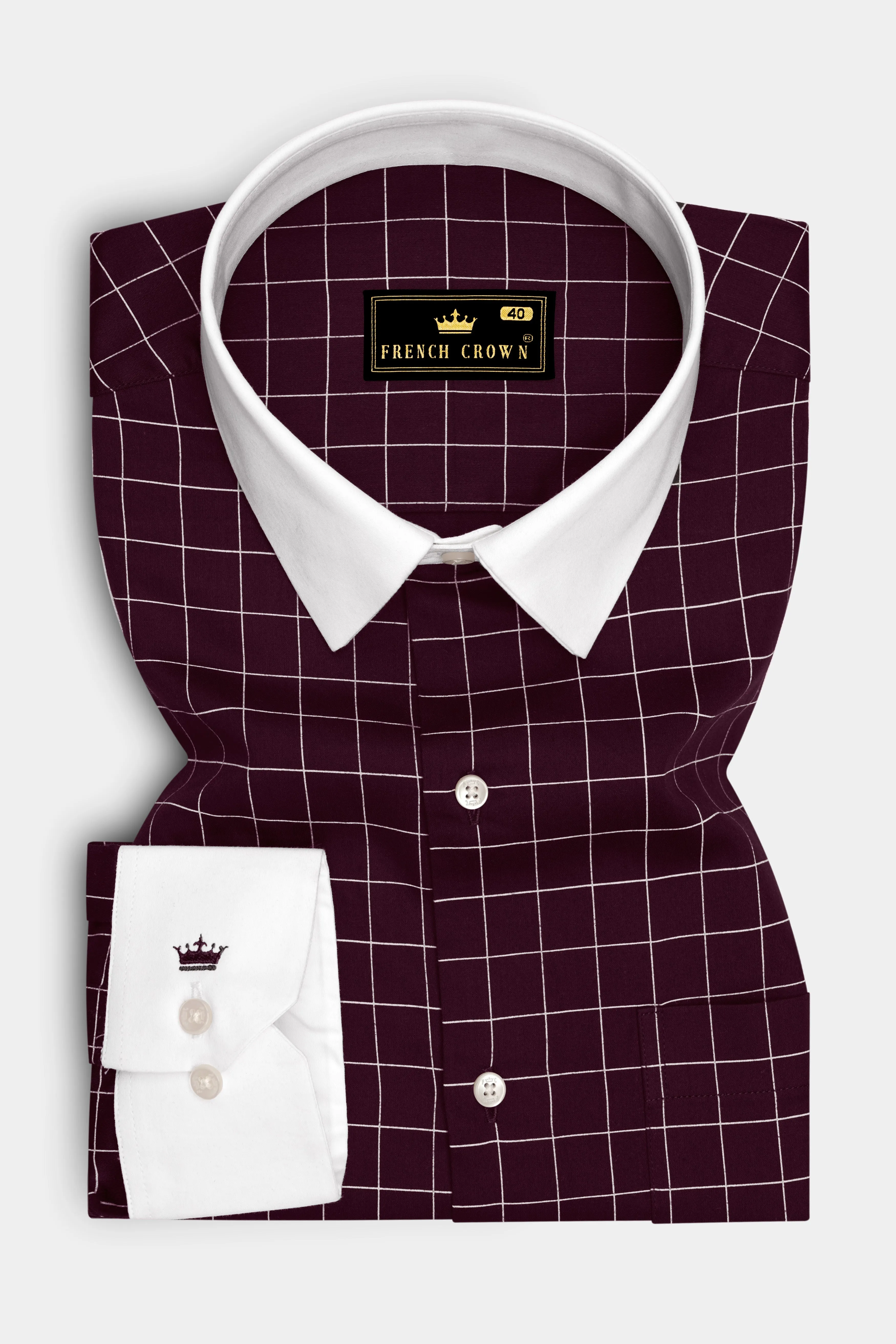 Garnet-Tamarind Maroon And Bright White Windowpane Subtle Sheen Super Soft Premium Cotton Dress White Cuff Collar Shirt sold by French Crown product image thumbnail 2