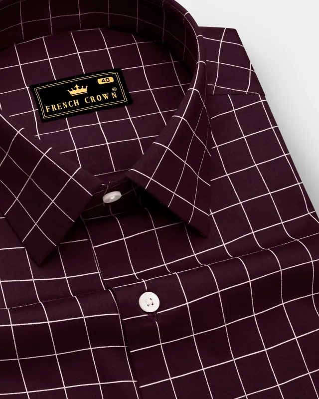 Garnet-Tamarind Maroon And Bright White Windowpane Subtle Sheen Super Soft Premium Cotton Dress Shirt made by French Crown