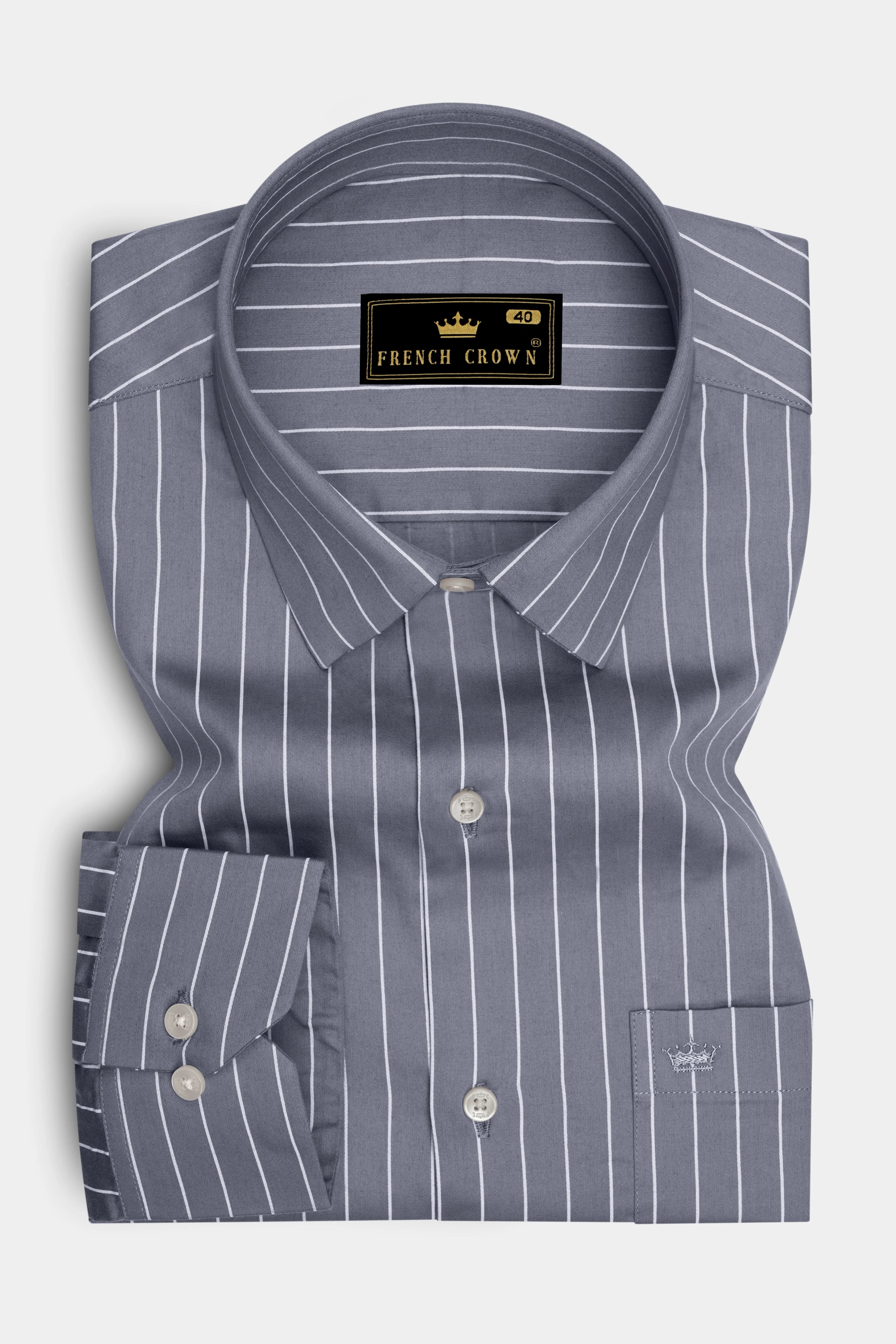 Chrome-Storm Gray And Bright White Pin Striped Subtle Sheen Super Soft Premium Cotton Dress Shirt sold by French Crown product image thumbnail 4