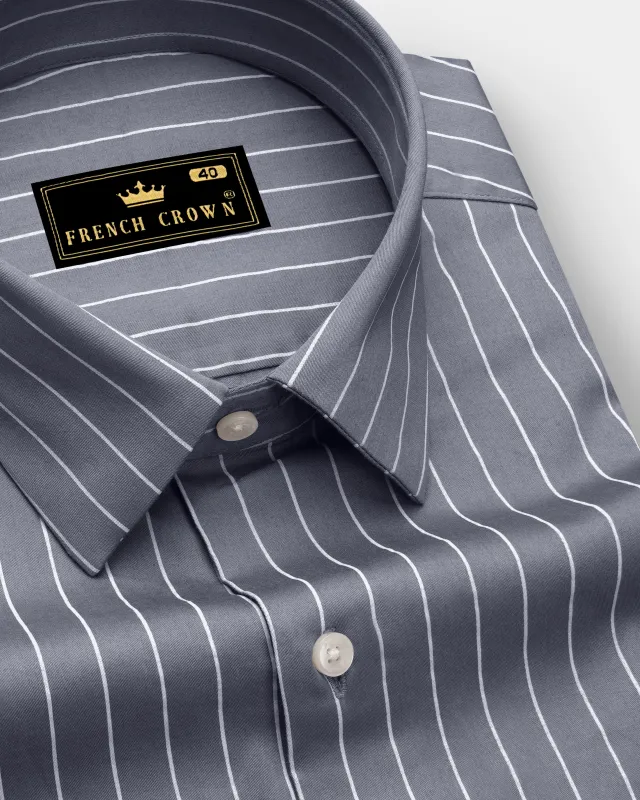 Chrome-Storm Gray And Bright White Pin Striped Subtle Sheen Super Soft Premium Cotton Dress Shirt made by French Crown