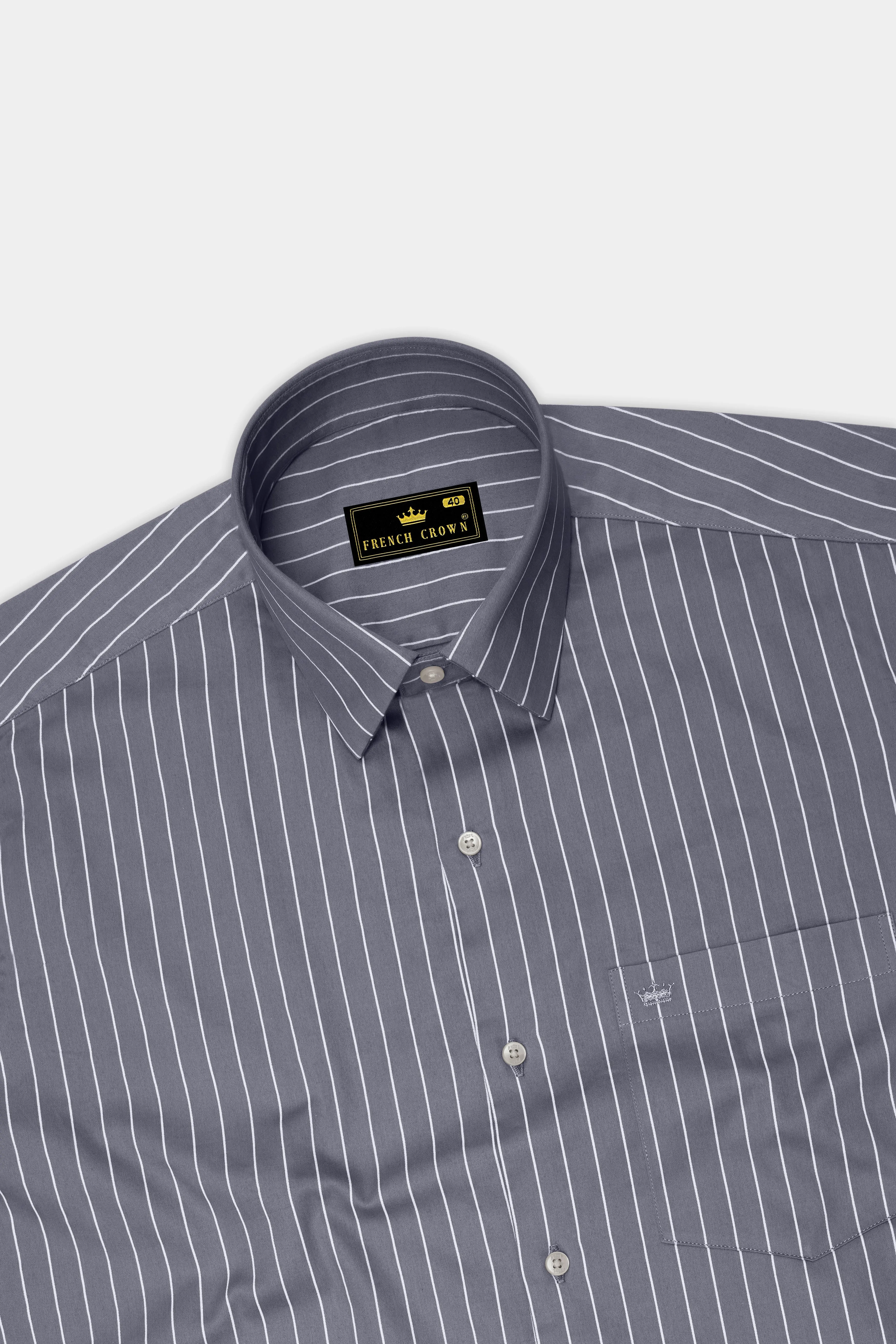 Chrome-Storm Gray And Bright White Pin Striped Subtle Sheen Super Soft Premium Cotton Dress Shirt sold by French Crown product image thumbnail 5