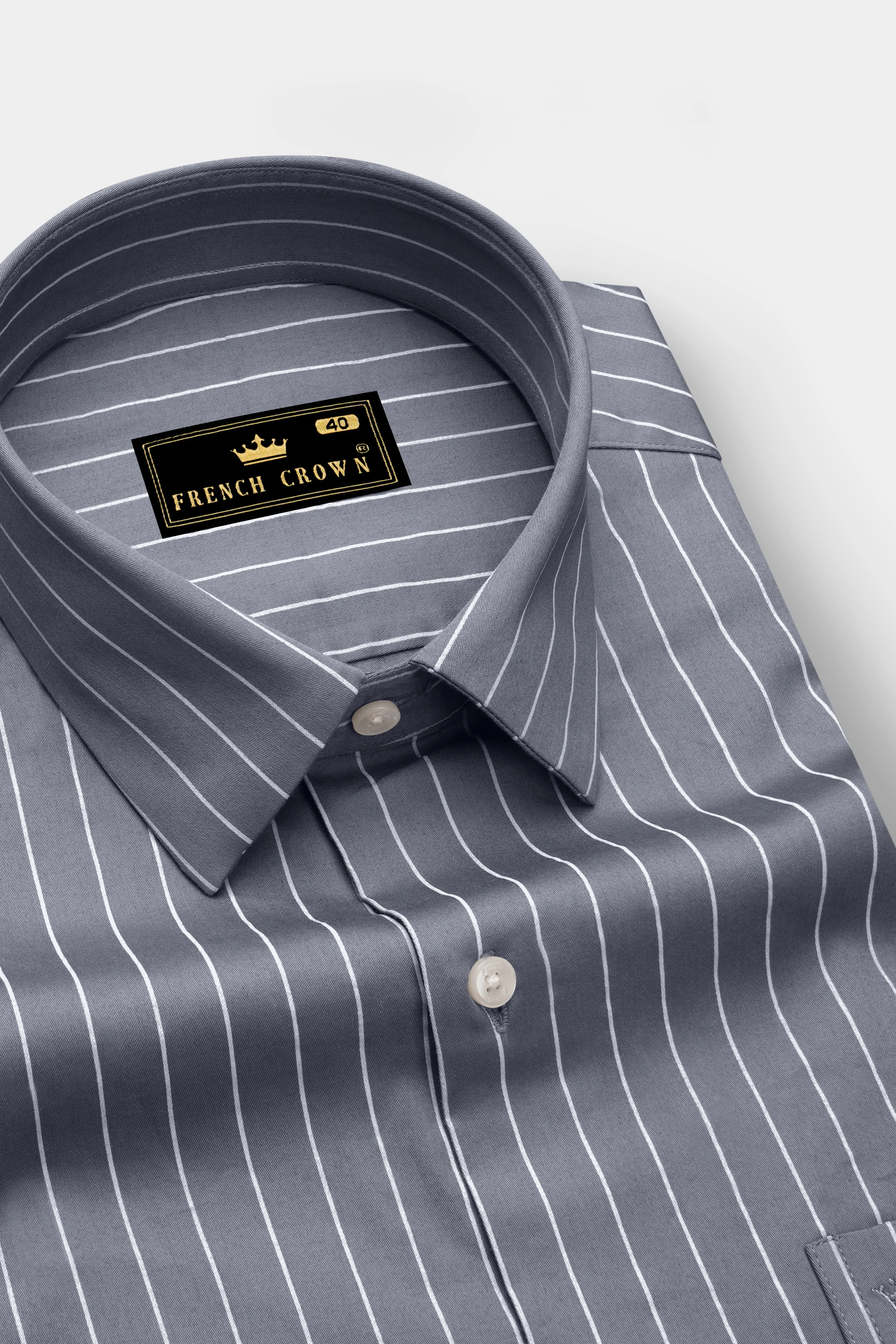 Chrome-Storm Gray And Bright White Pin Striped Subtle Sheen Super Soft Premium Cotton Dress Shirt sold by French Crown product image thumbnail 2