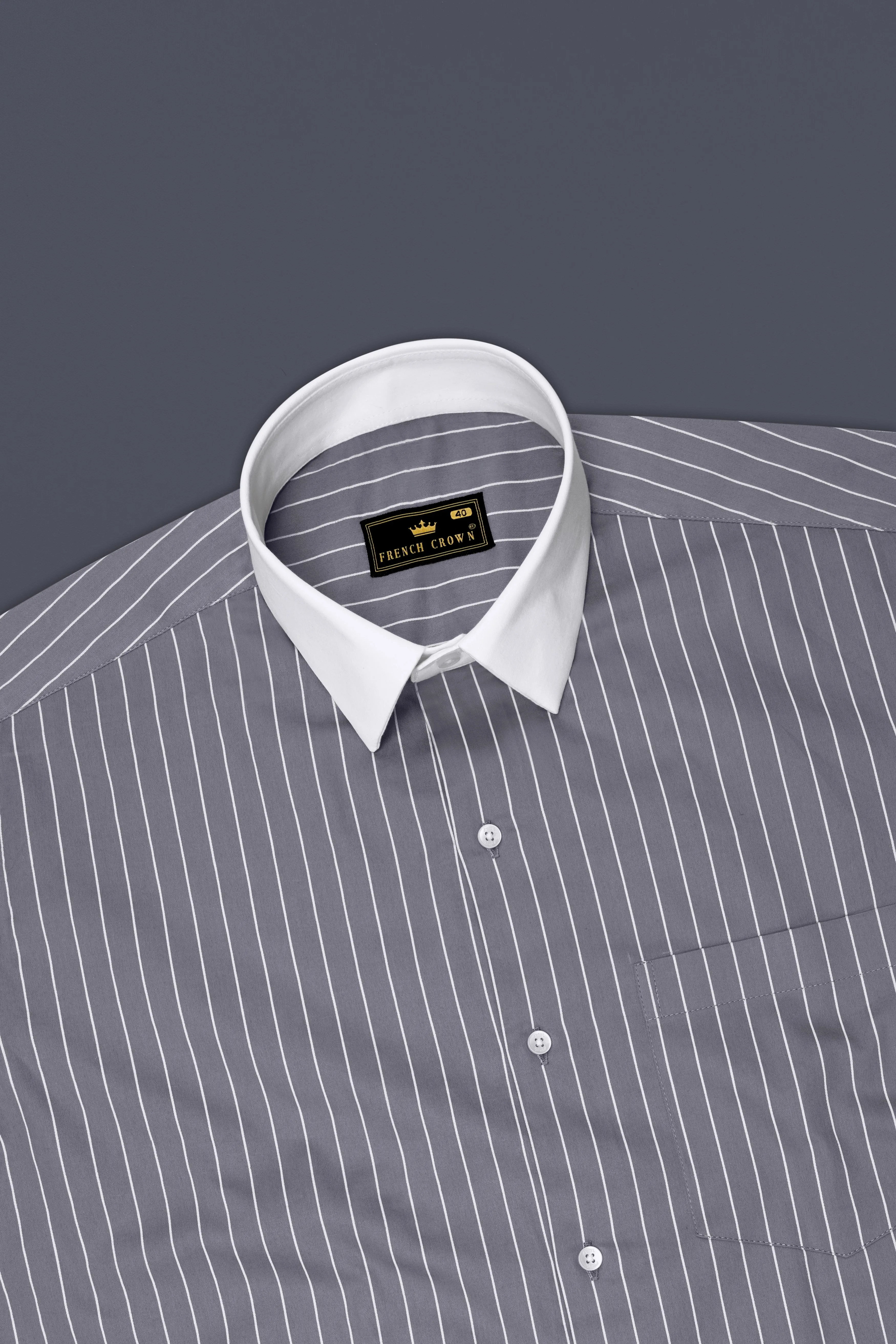 Chrome-Storm Gray And Bright White Pin Striped Super Soft Premium Cotton Dress White Cuff Collar Shirt sold by French Crown product image thumbnail 5