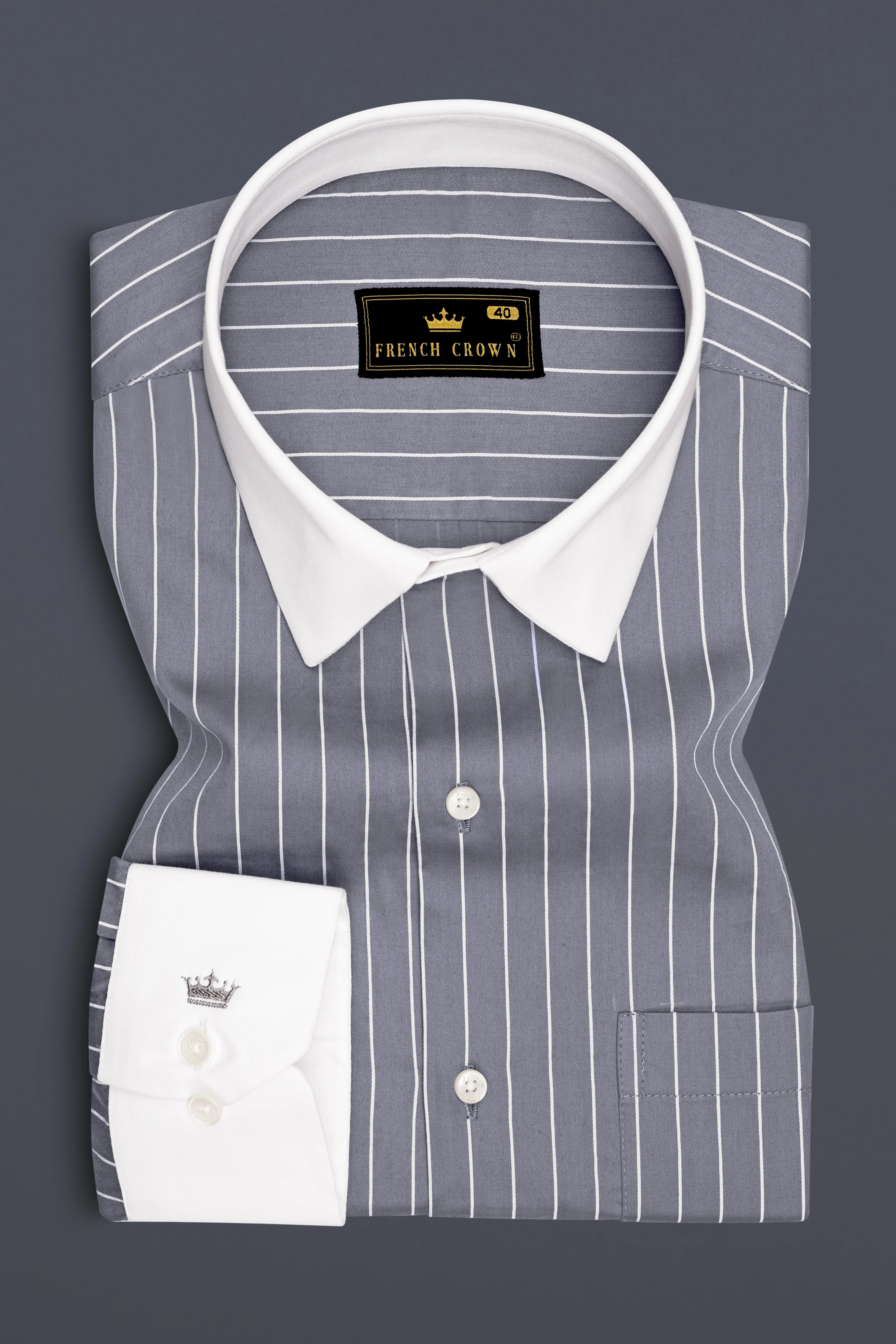Chrome-Storm Gray And Bright White Pin Striped Super Soft Premium Cotton Dress White Cuff Collar Shirt sold by French Crown product image thumbnail 2