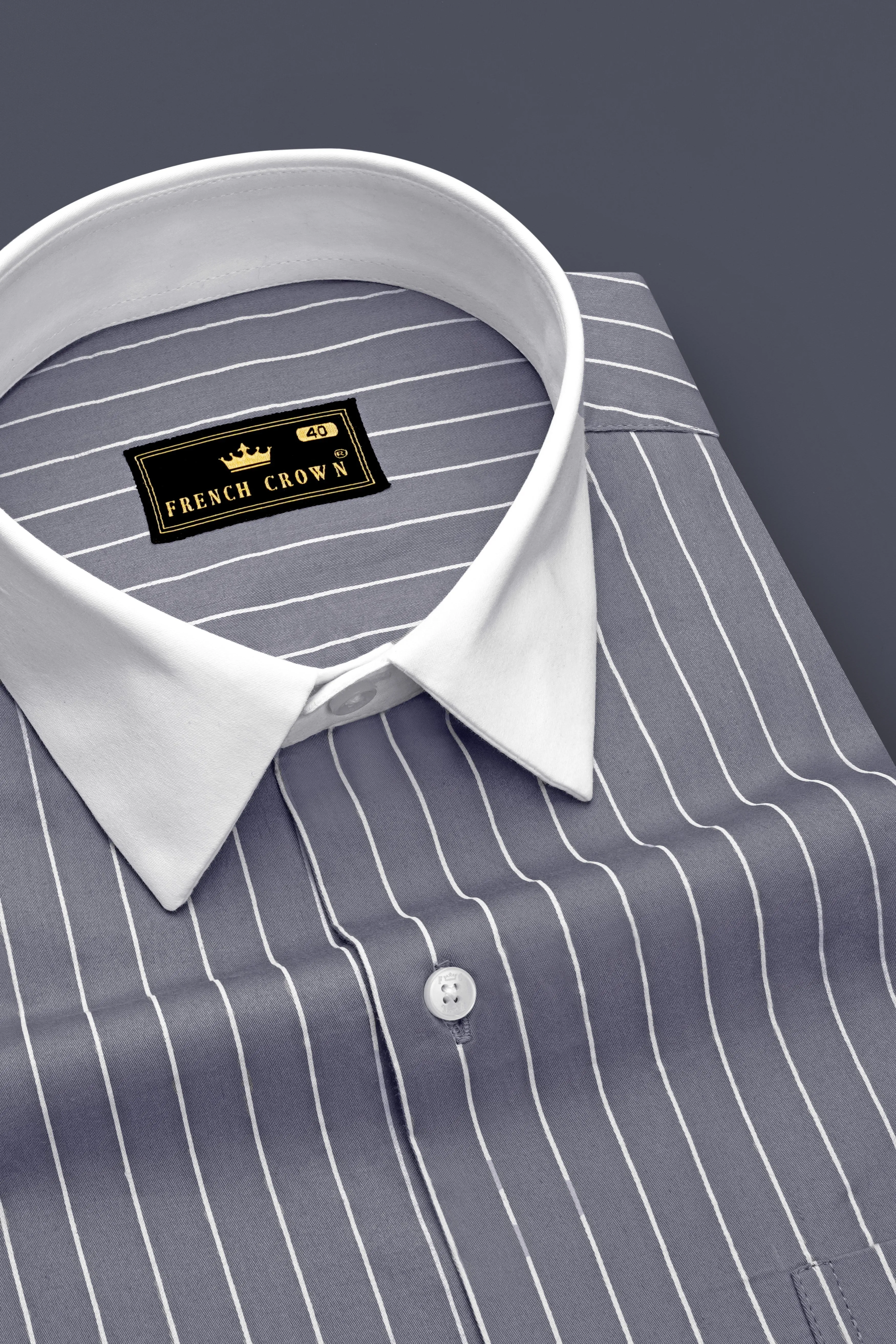 Chrome-Storm Gray And Bright White Pin Striped Super Soft Premium Cotton Dress White Cuff Collar Shirt sold by French Crown product image thumbnail 4
