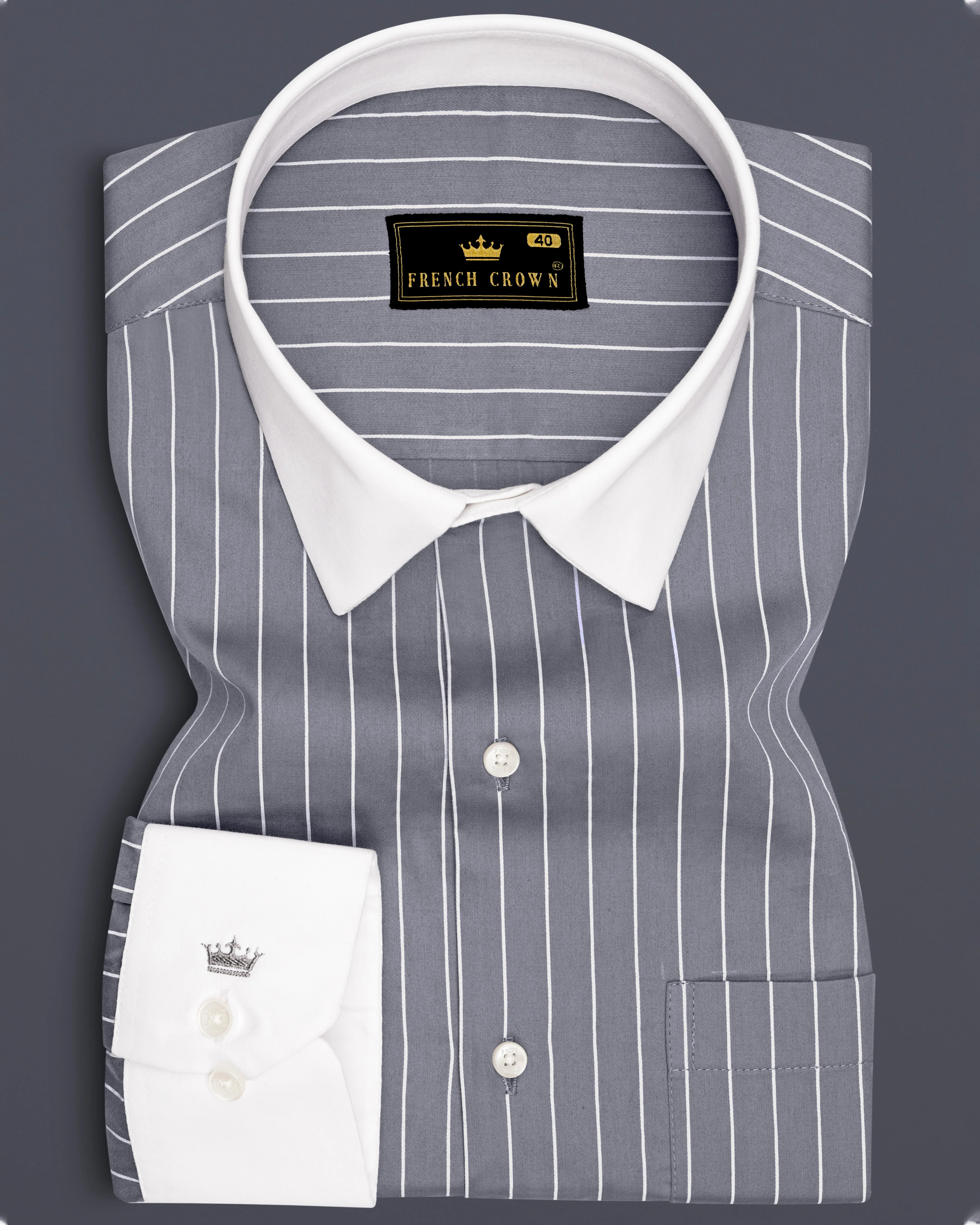 Chrome-Storm Gray And Bright White Pin Striped Super Soft Premium Cotton Dress White Cuff Collar Shirt sold by French Crown