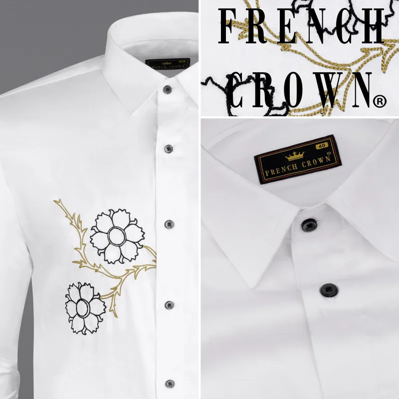 Bright White Subtle Sheen Floral Embroidered Super Soft Premium Cotton Shirt made by French Crown