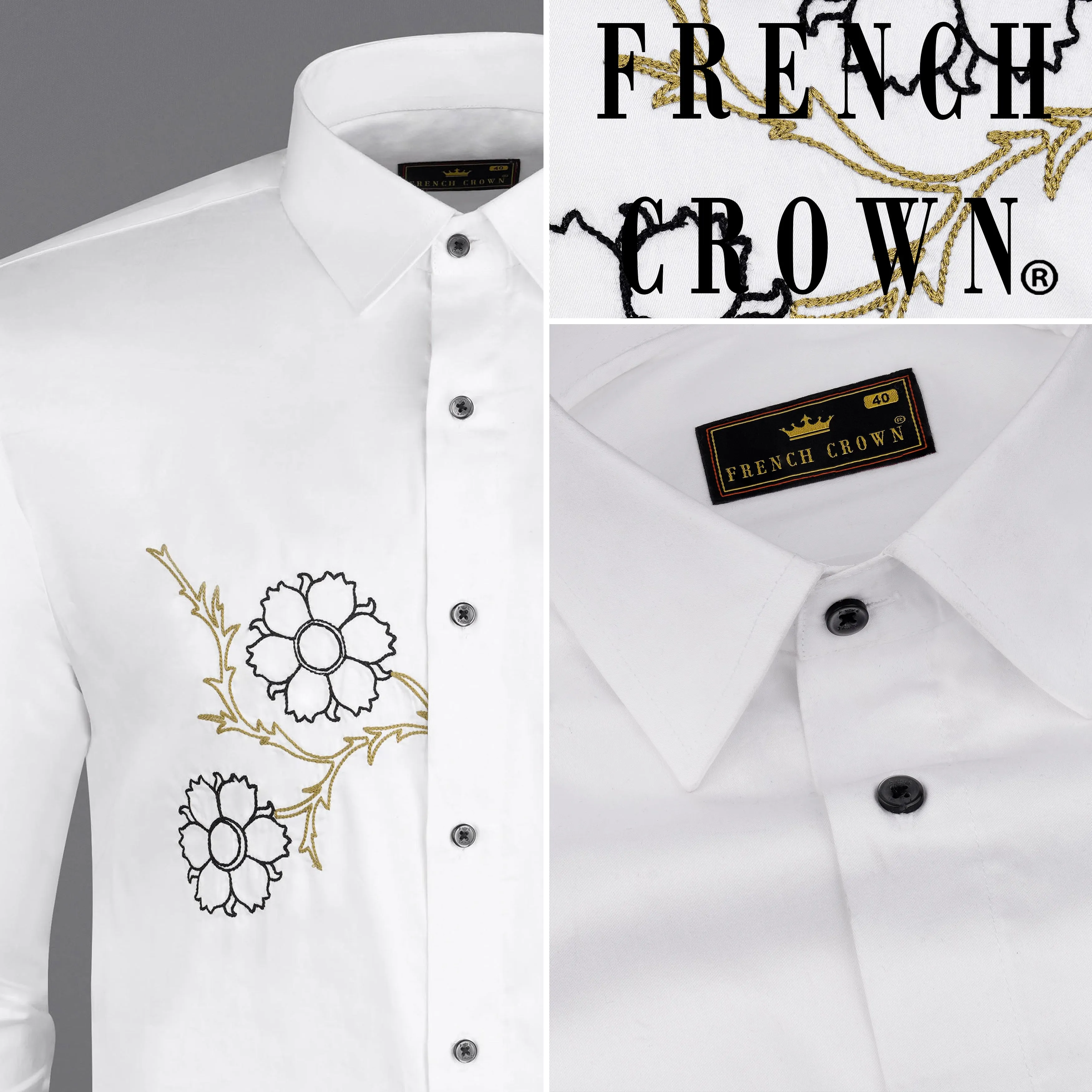 Bright White Subtle Sheen Floral Embroidered Super Soft Premium Cotton Shirt sold by French Crown