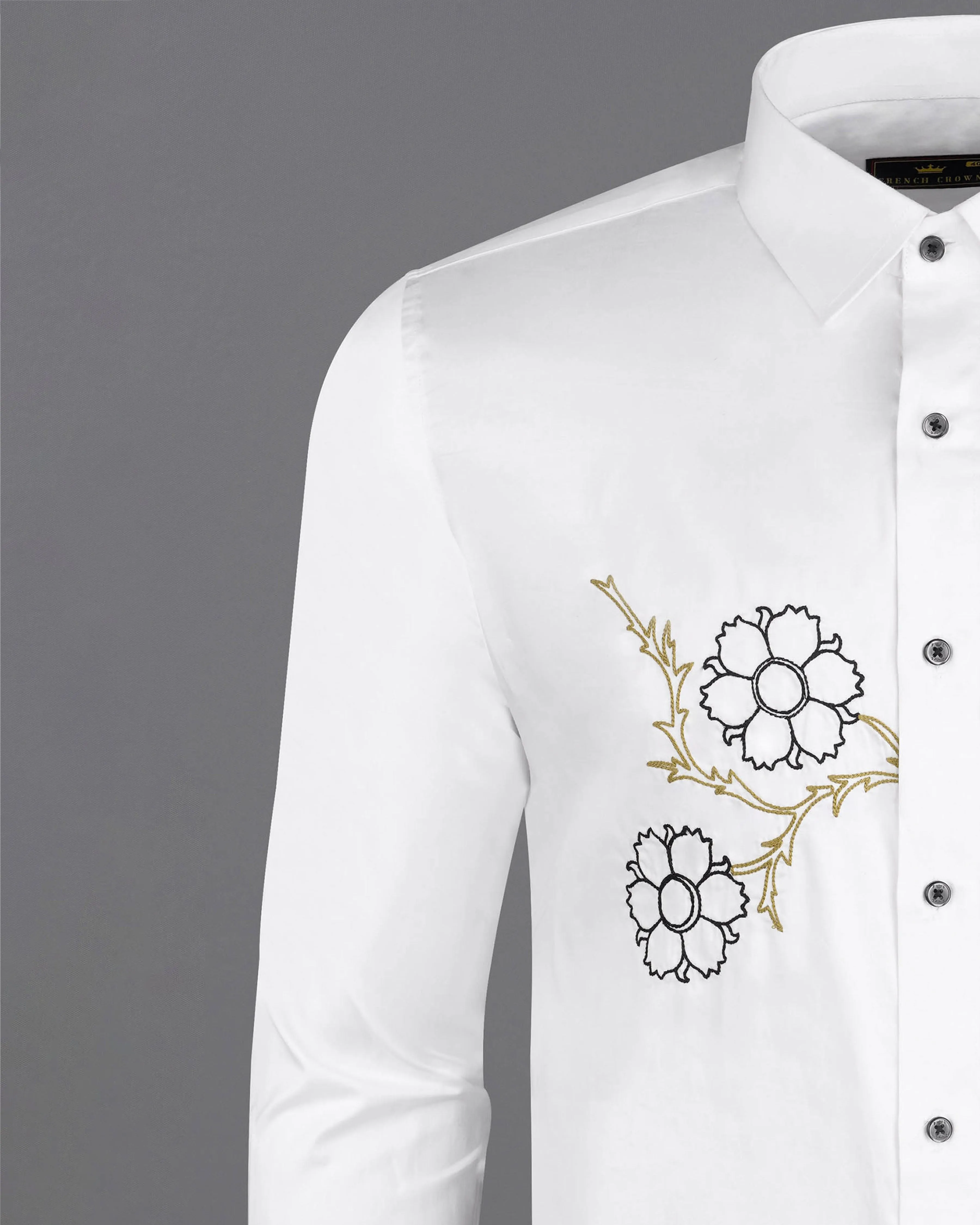 Bright White Subtle Sheen Floral Embroidered Super Soft Premium Cotton Shirt sold by French Crown product image thumbnail 2