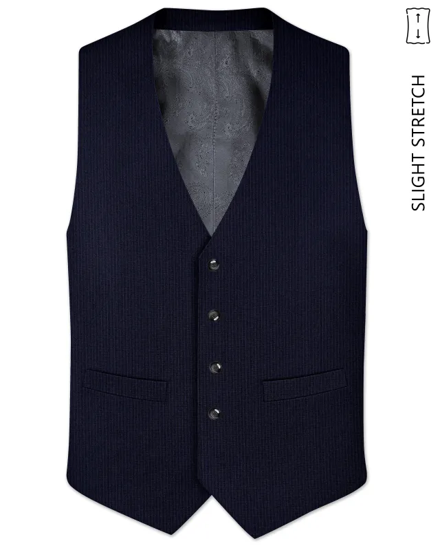Elion-Bunker Blue Pencil Striped Wool Rich Slight Stretch Waistcoat made by French Crown