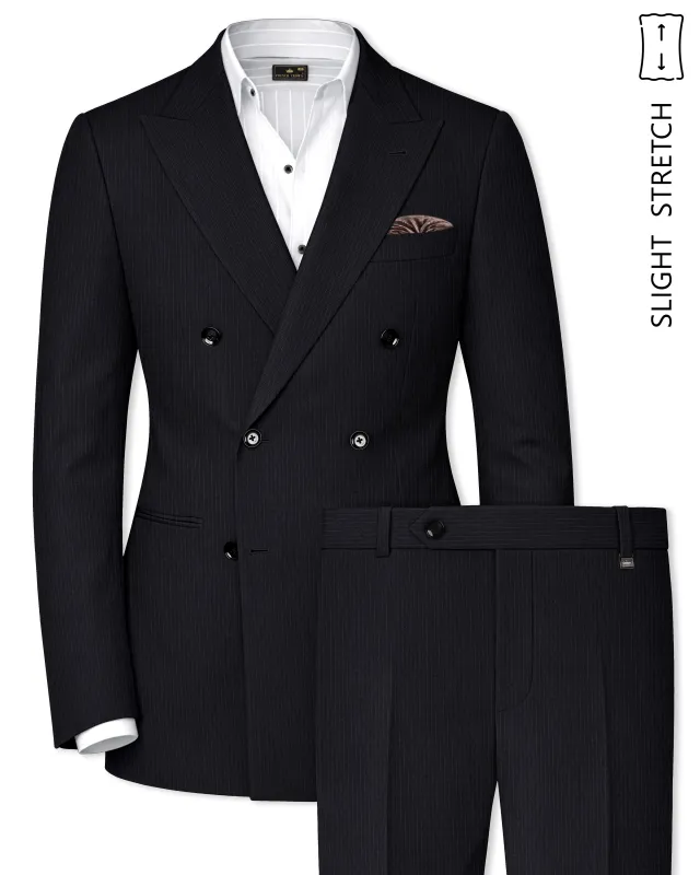 Noir-Jade Black Pencil Striped Wool Rich Slight Stretch Double Breasted Suit made by French Crown