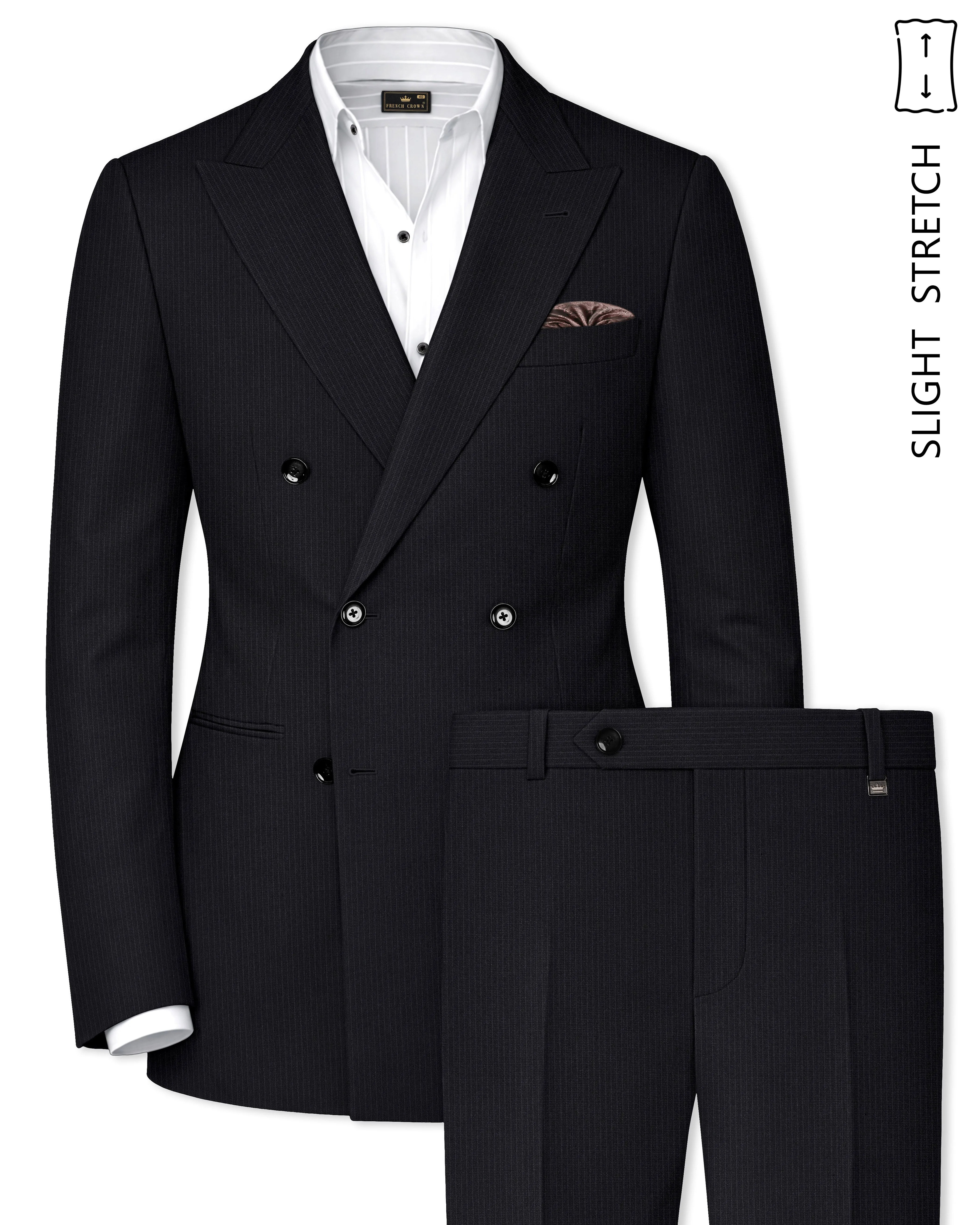 Noir-Jade Black Pencil Striped Wool Rich Slight Stretch Double Breasted Suit sold by French Crown