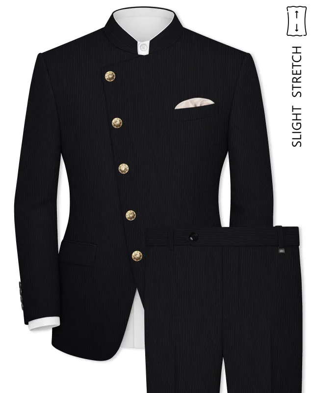 Noir-Jade Black Pencil Striped Wool Rich Slight Stretch Cross Placket Bandhgala Suit made by French Crown