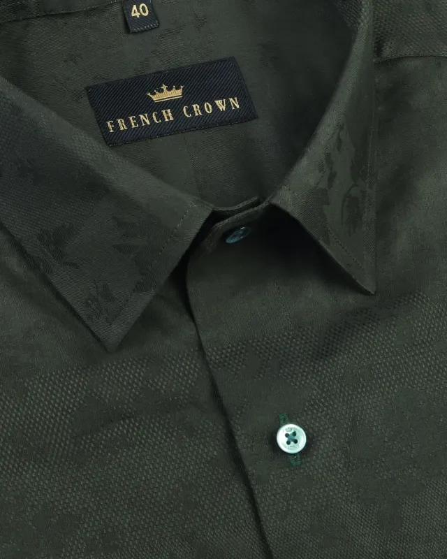 Army Green Flowers Jacquard Textured Silky Giza Cotton Evening SHIRT made by French Crown