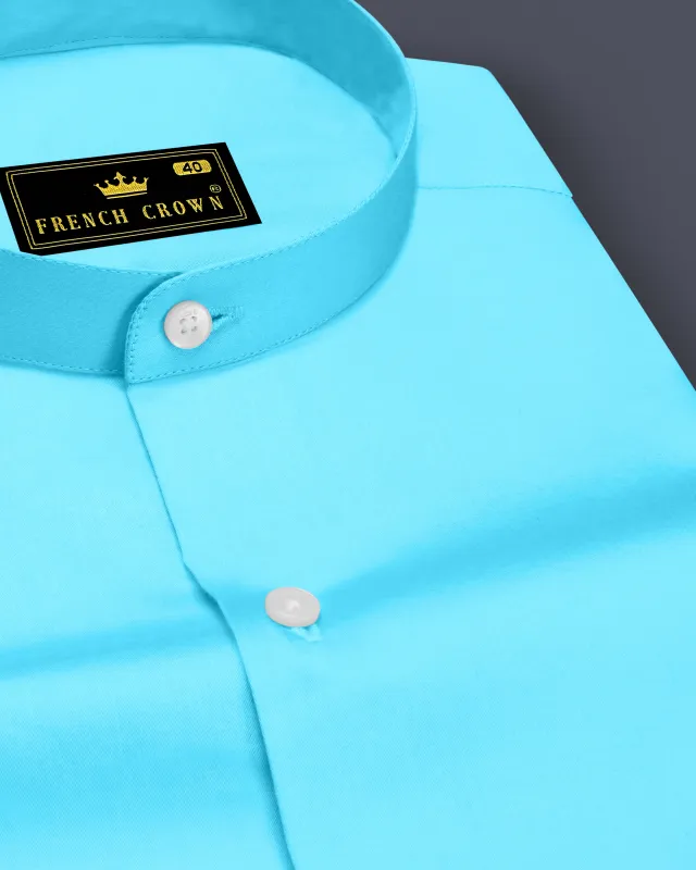 Azure-Columbia Blue Subtle Sheen Super Soft Premium Cotton Mandarin Dress Shirt made by French Crown