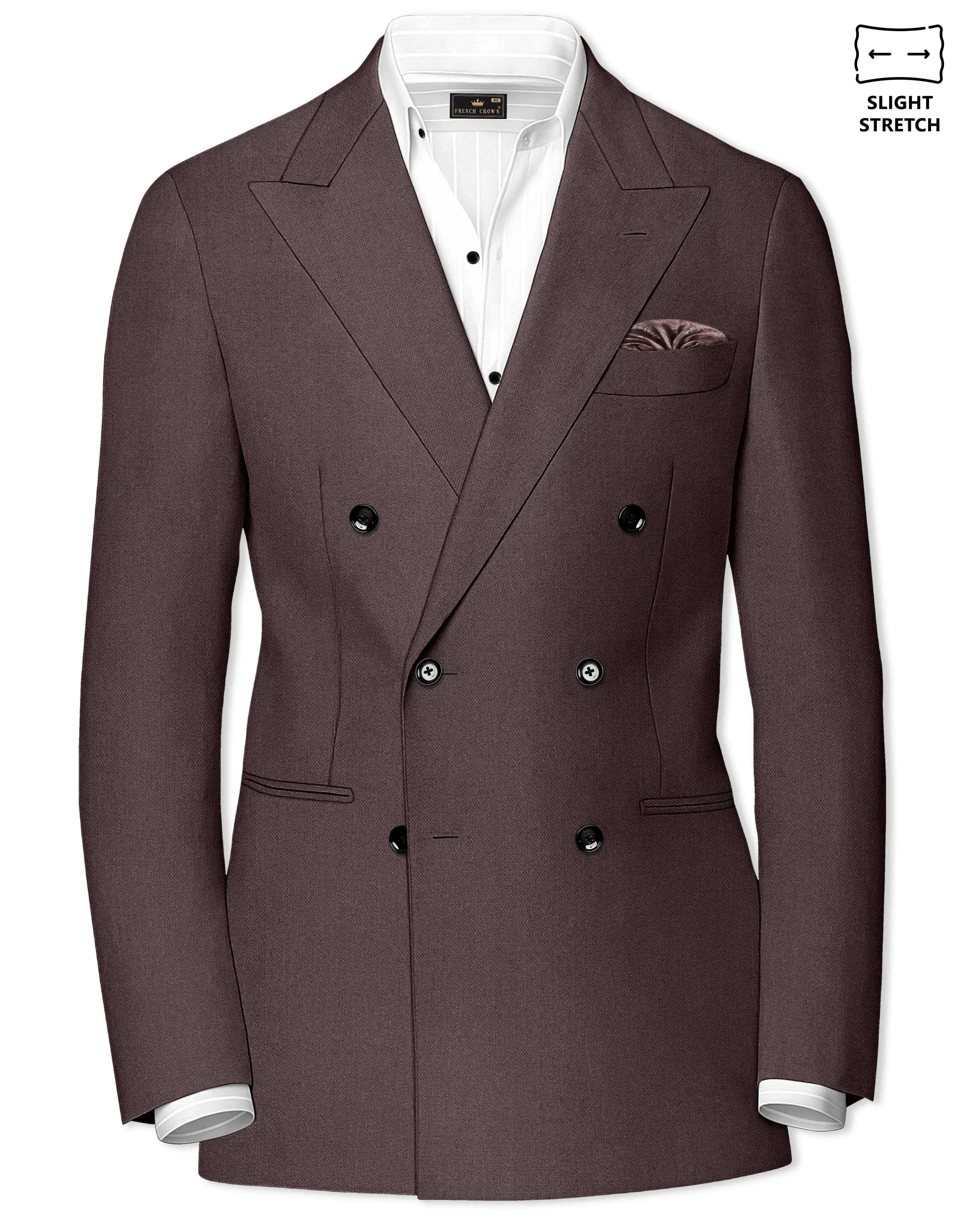 Estate-Fuscous Brown Diamond Textured Wool Rich Slight Stretch Double Breasted Blazer sold by French Crown