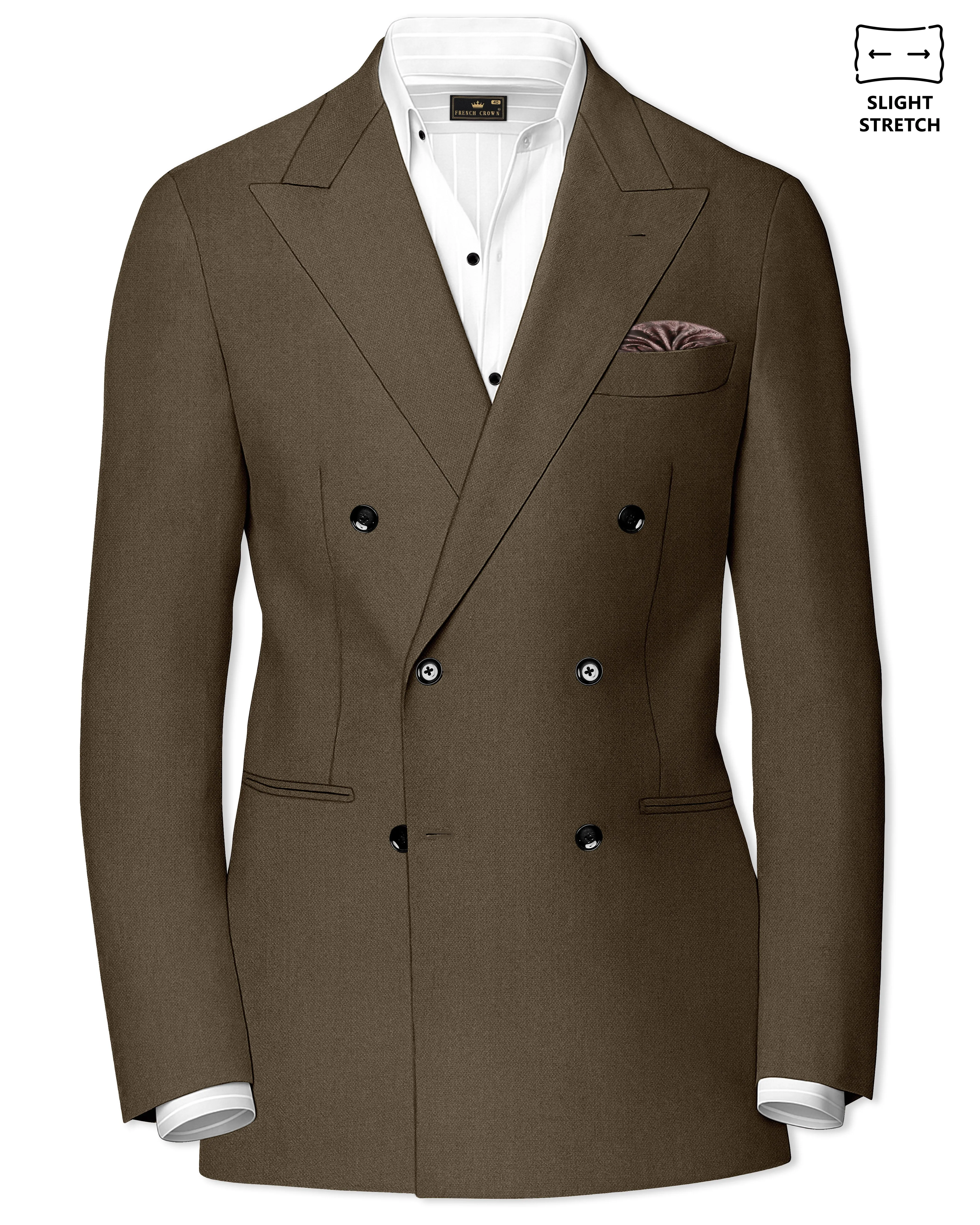 Vireo-Taupe Brown Diamond Textured Wool Rich Slight Stretch Double Breasted Blazer sold by French Crown