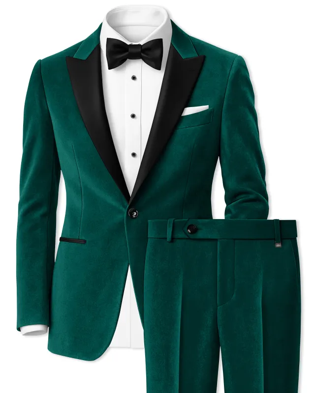 Lagoon-Teal Green Velvet Peak Lapel Tuxedo Suit made by French Crown