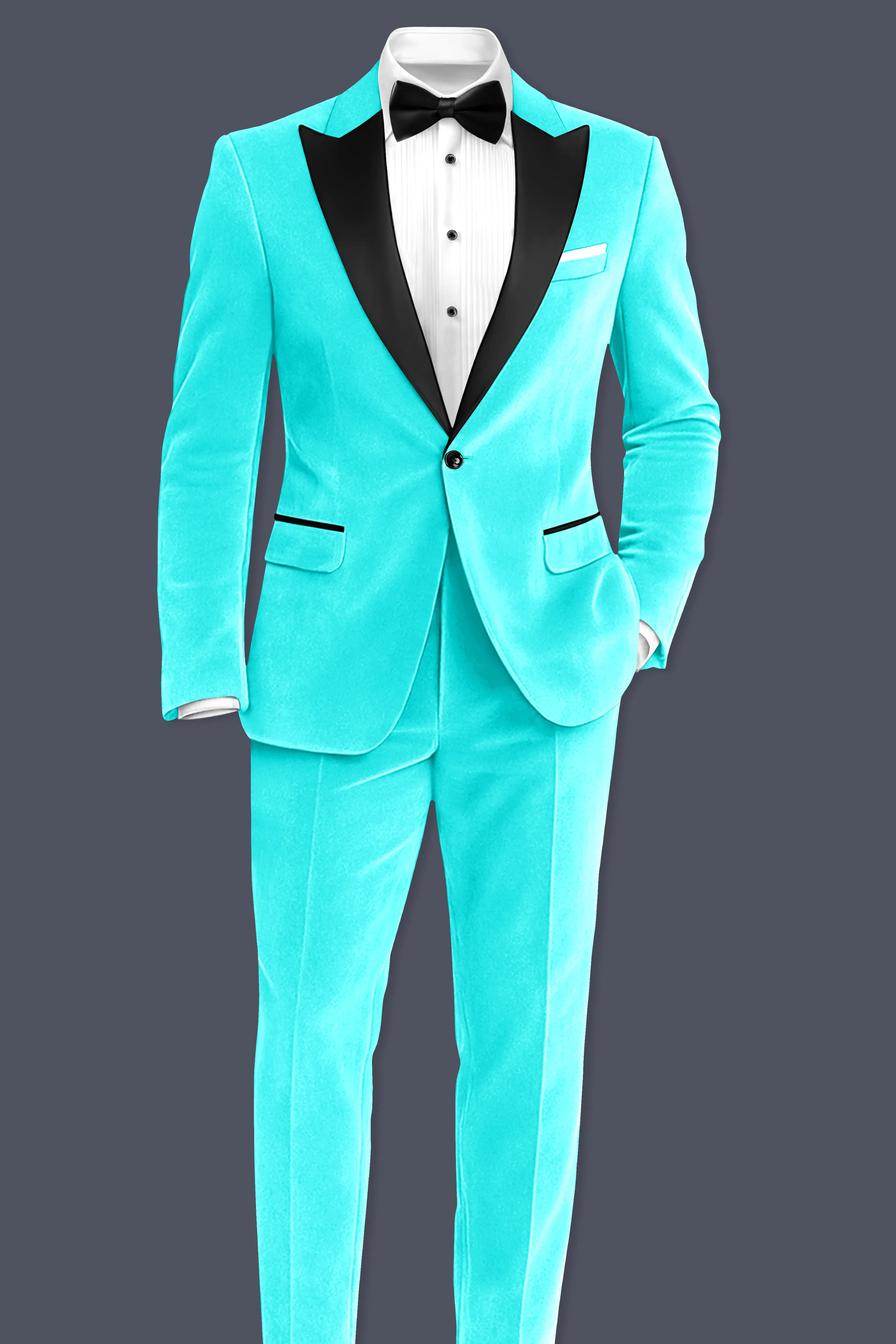 Sovereign-Turquoise Blue Velvet Peak Lapel Tuxedo Suit sold by French Crown product image thumbnail 4