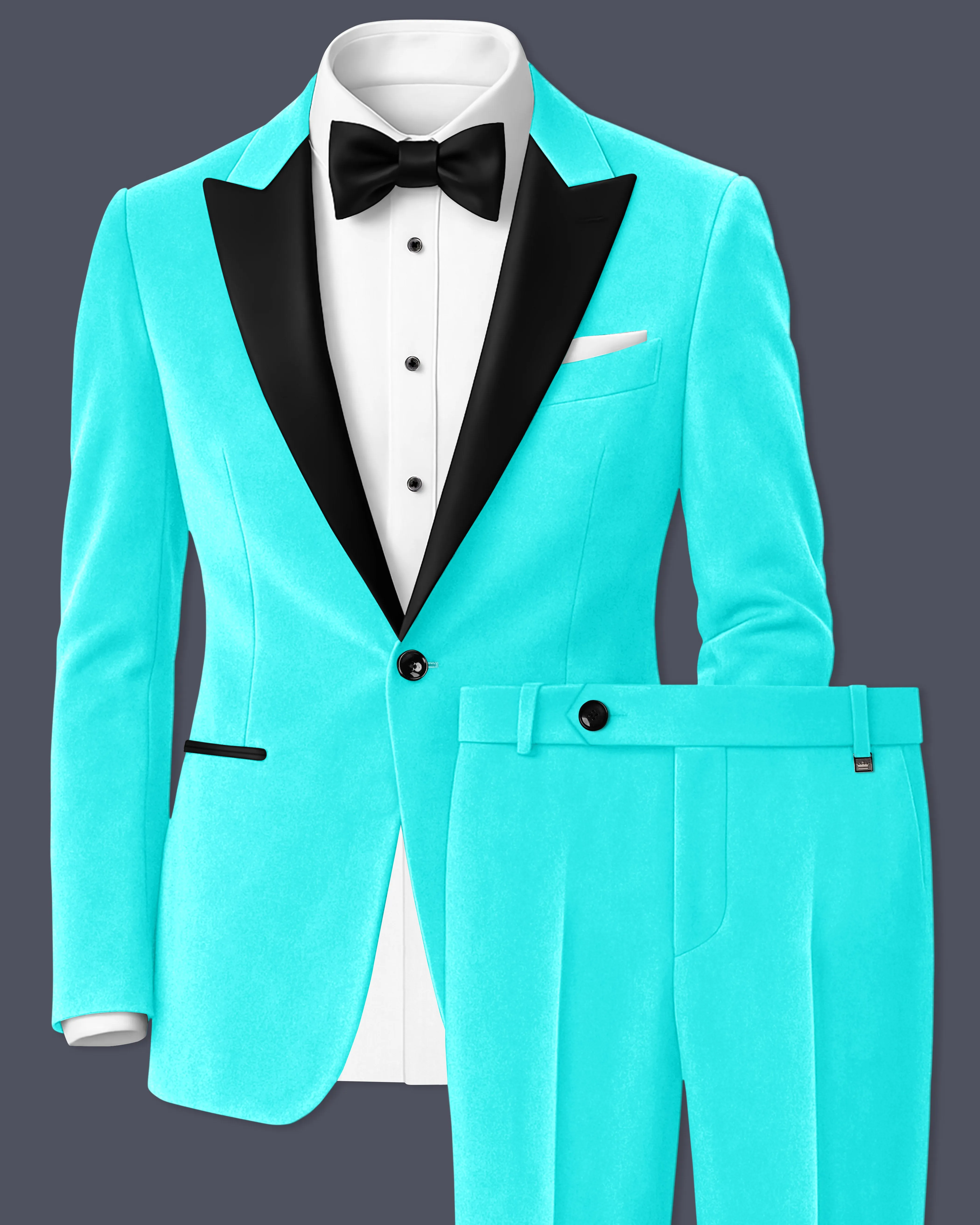 Sovereign-Turquoise Blue Velvet Peak Lapel Tuxedo Suit sold by French Crown