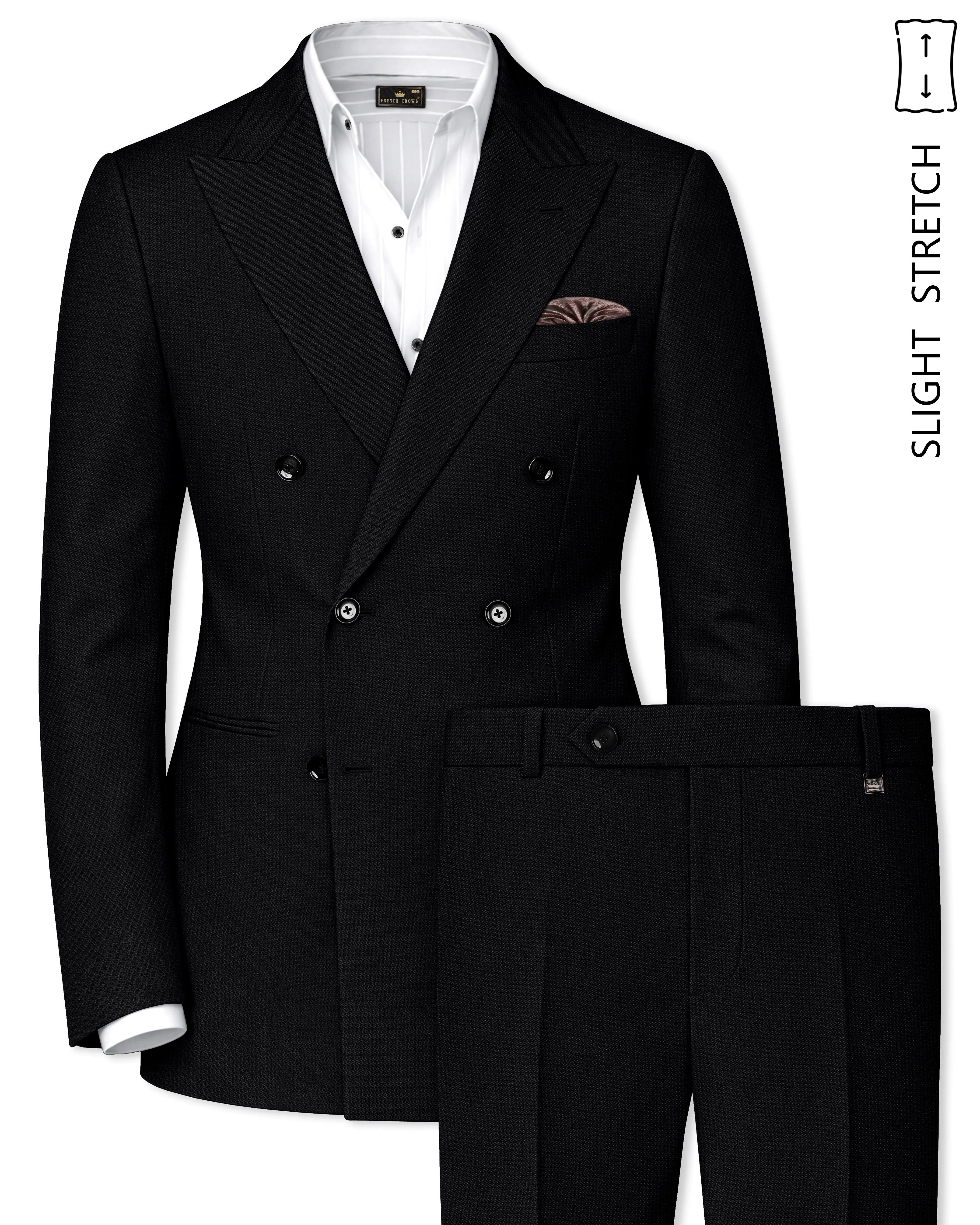 Regal-Jade Black Diamond Textured Wool Rich Slight Stretch Double Breasted Suit sold by French Crown