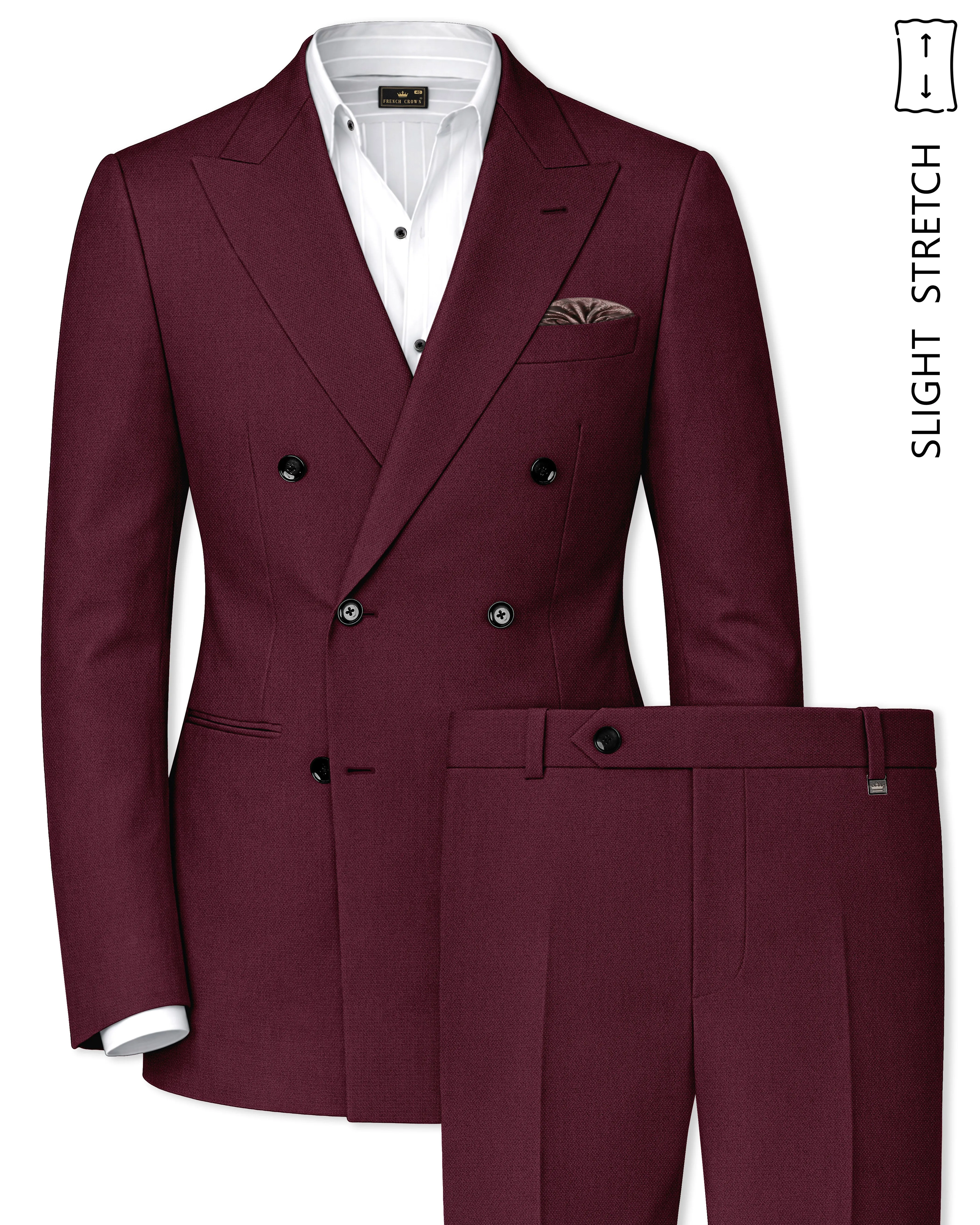 Imperial-Crater Maroon Diamond Textured Wool Rich Slight Stretch Double Breasted Suit sold by French Crown