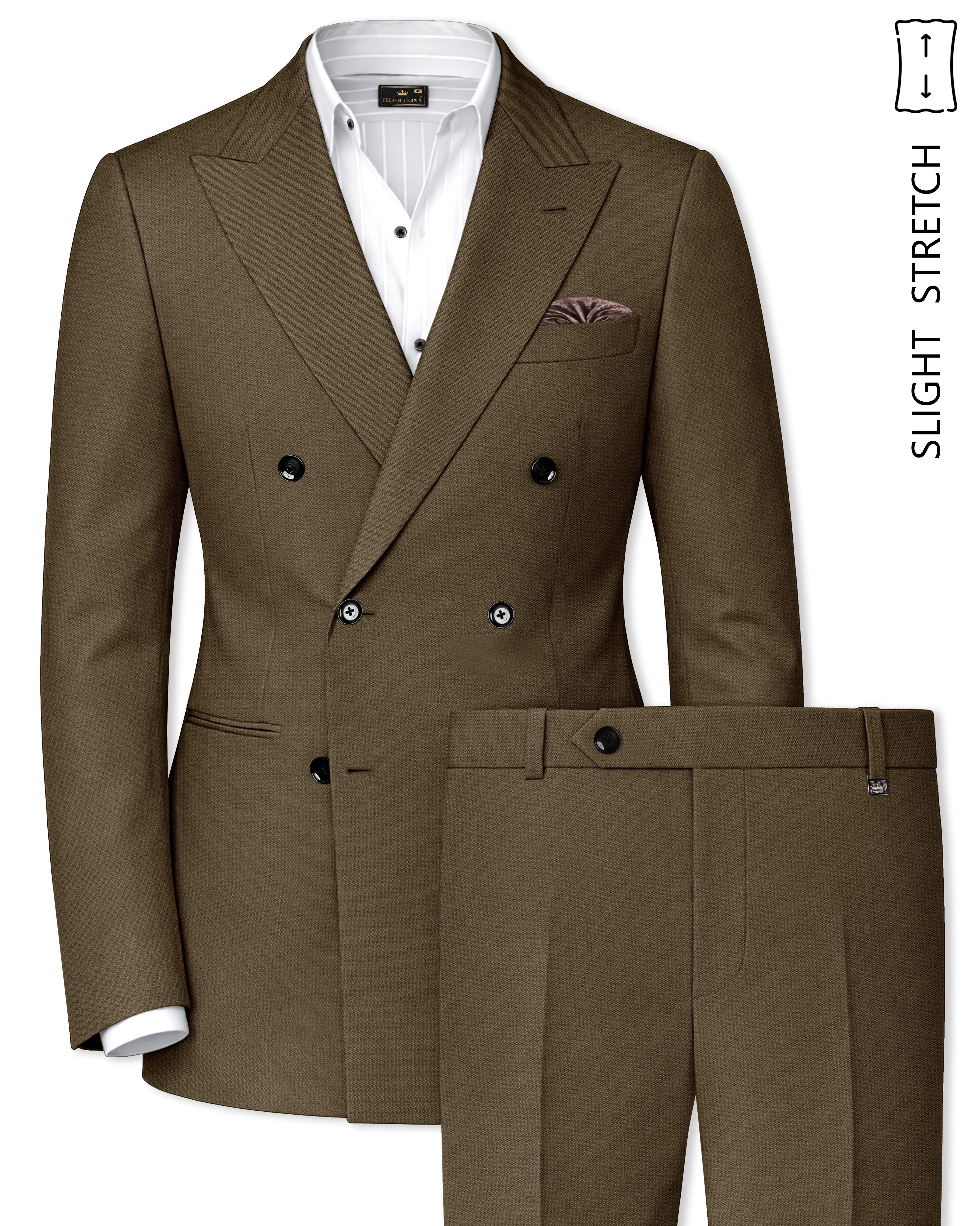 Vireo-Taupe Brown Diamond Textured Wool Rich Slight Stretch Double Breasted Suit sold by French Crown
