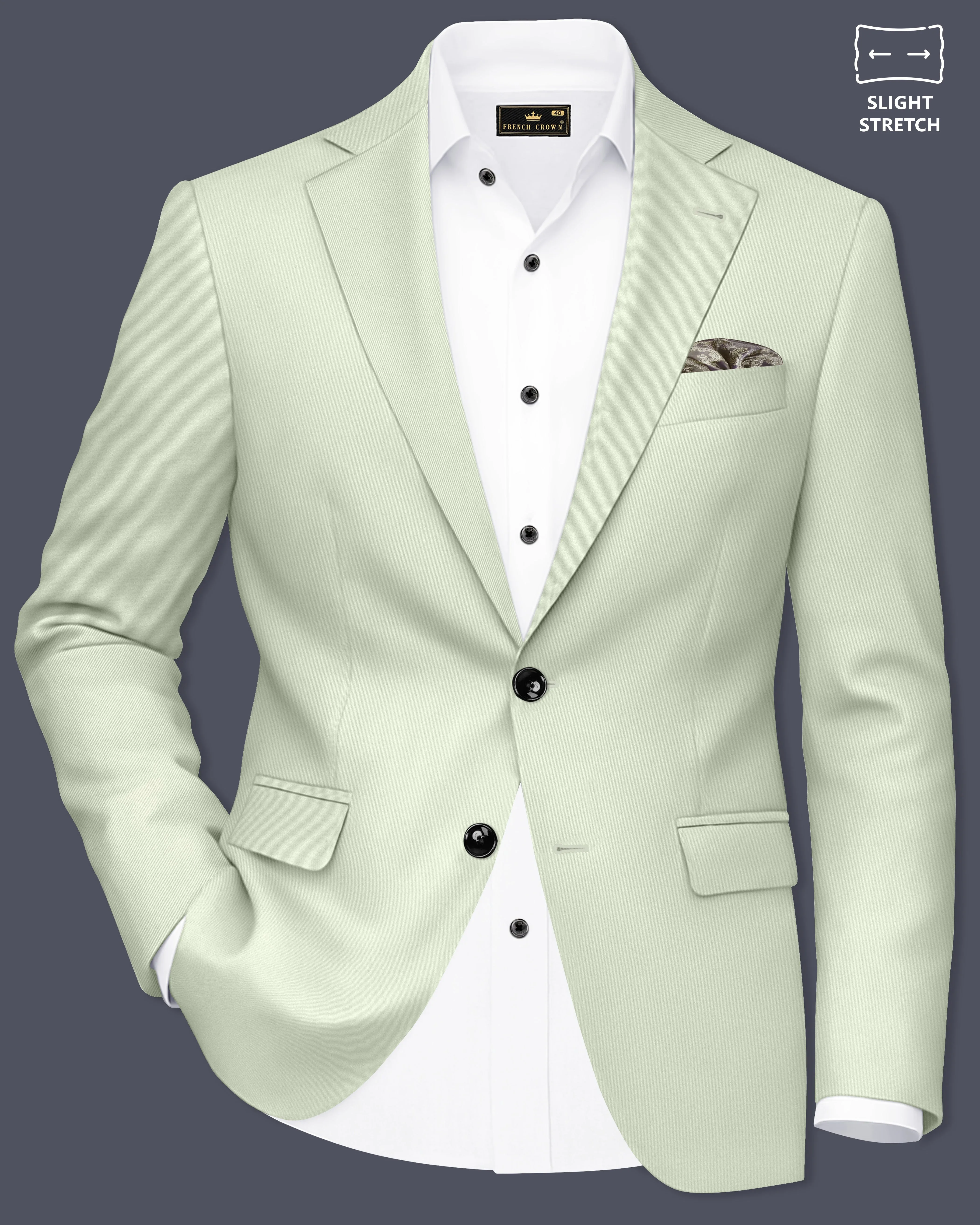 Breeze-Mint Green Slight Stretch Subtle Sheen Poly-Viscose Single Breasted Blazer sold by French Crown