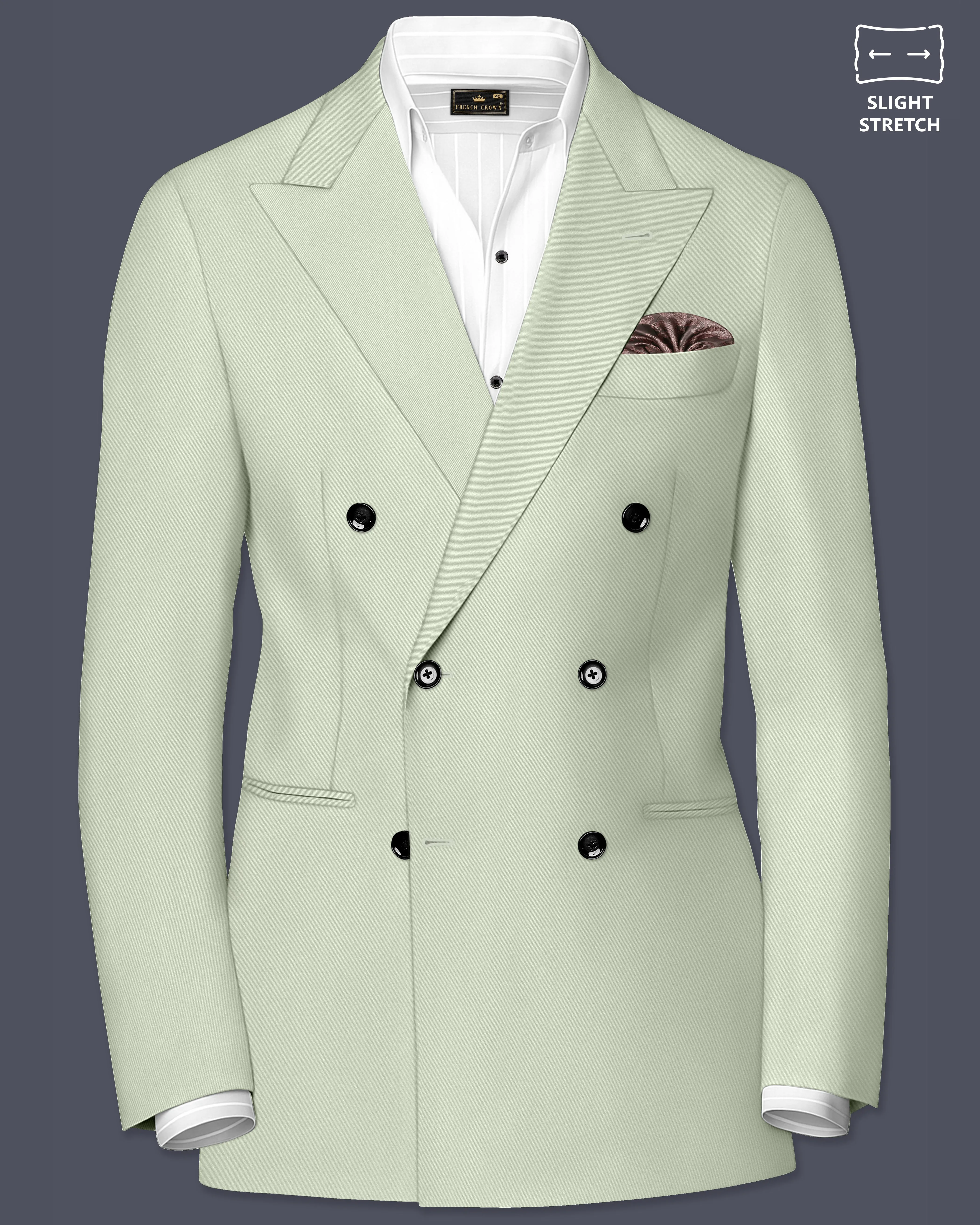 Breeze-Mint Green Slight Stretch Subtle Sheen Poly-Viscose Double Breasted Blazer sold by French Crown