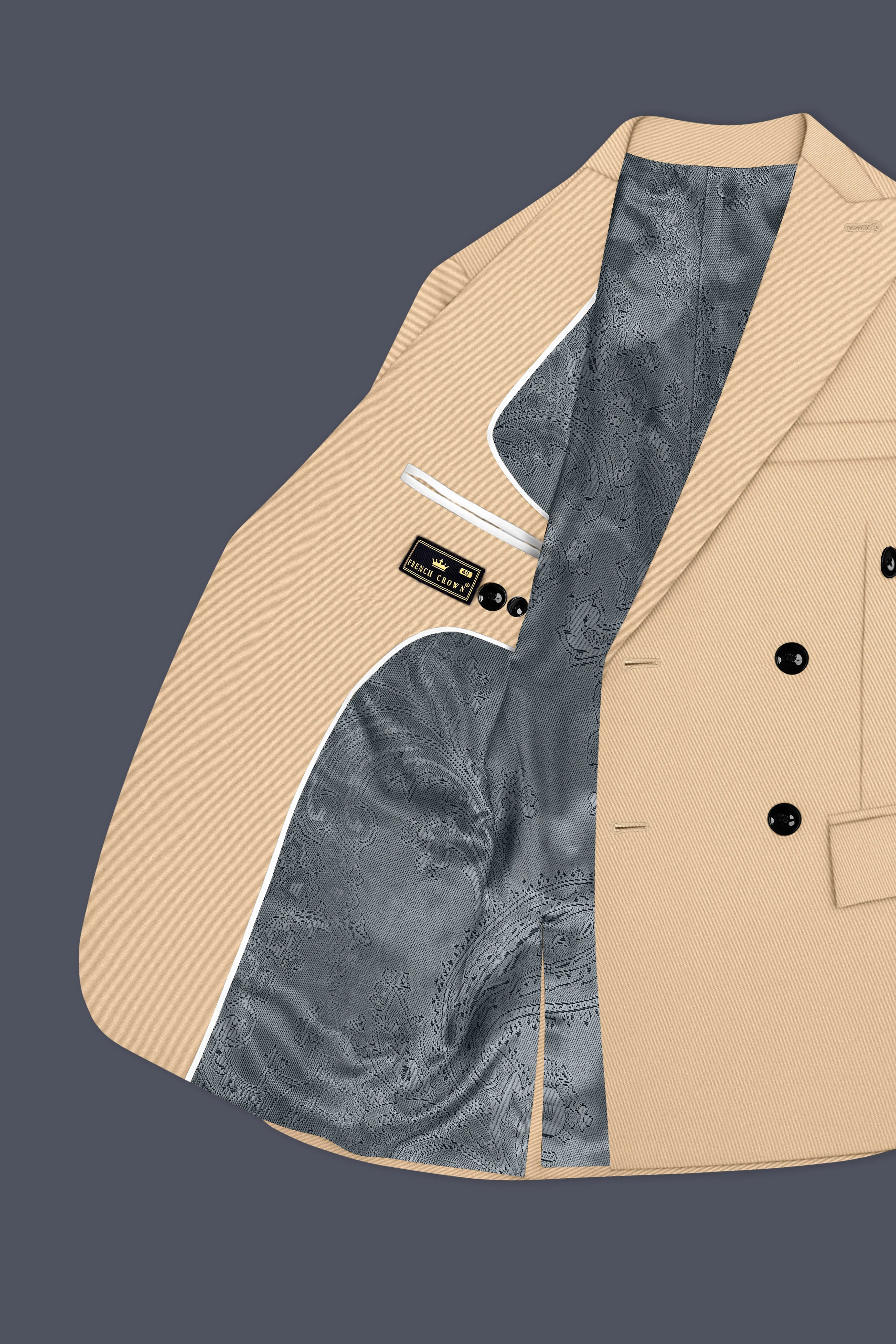 Ecru-Cashmere Cream Slight Stretch Subtle Sheen Poly-Viscose Double Breasted Blazer sold by French Crown product image thumbnail 5