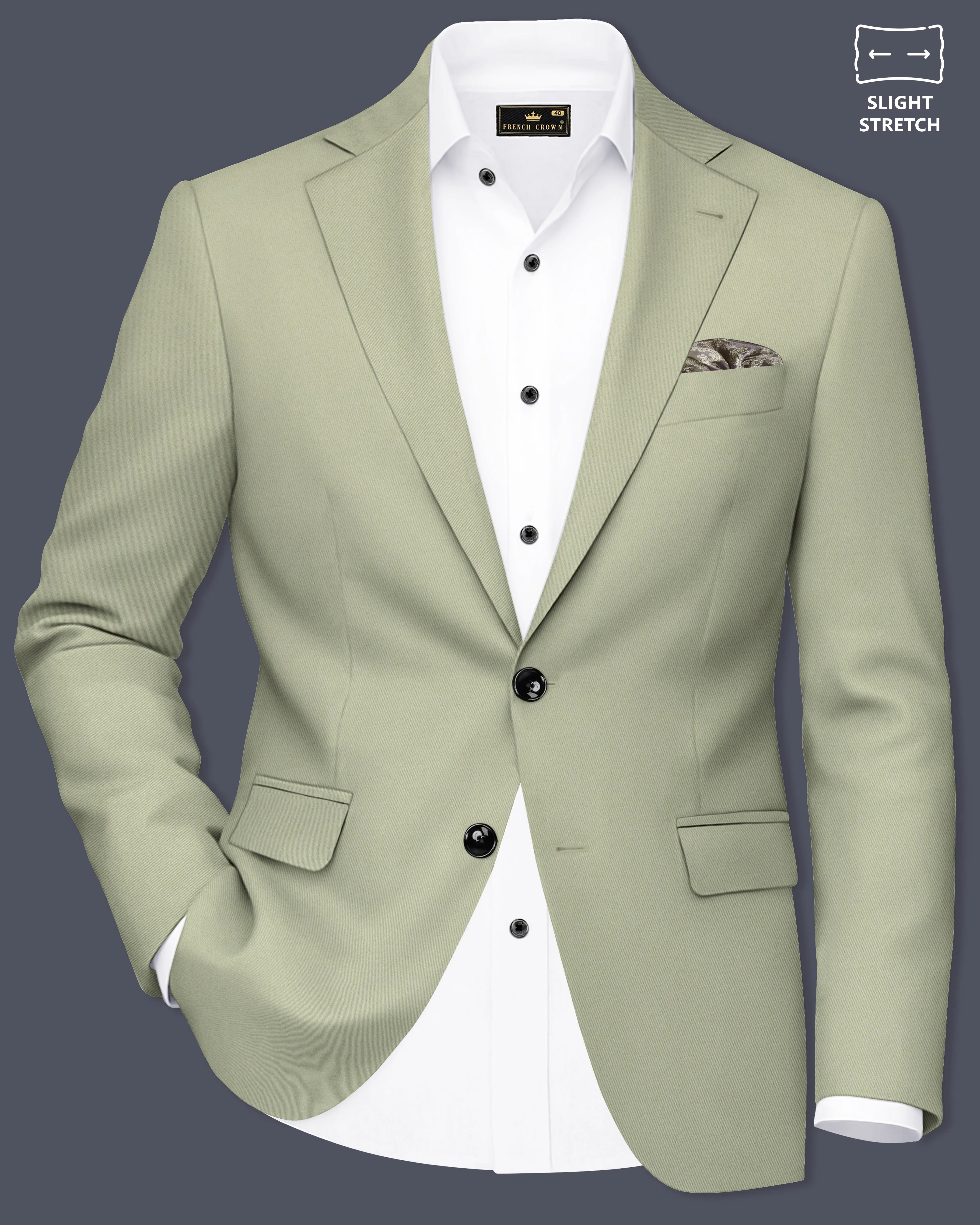 Verdan-Sage Green Slight Stretch Subtle Sheen Poly-Viscose Single Breasted Blazer sold by French Crown