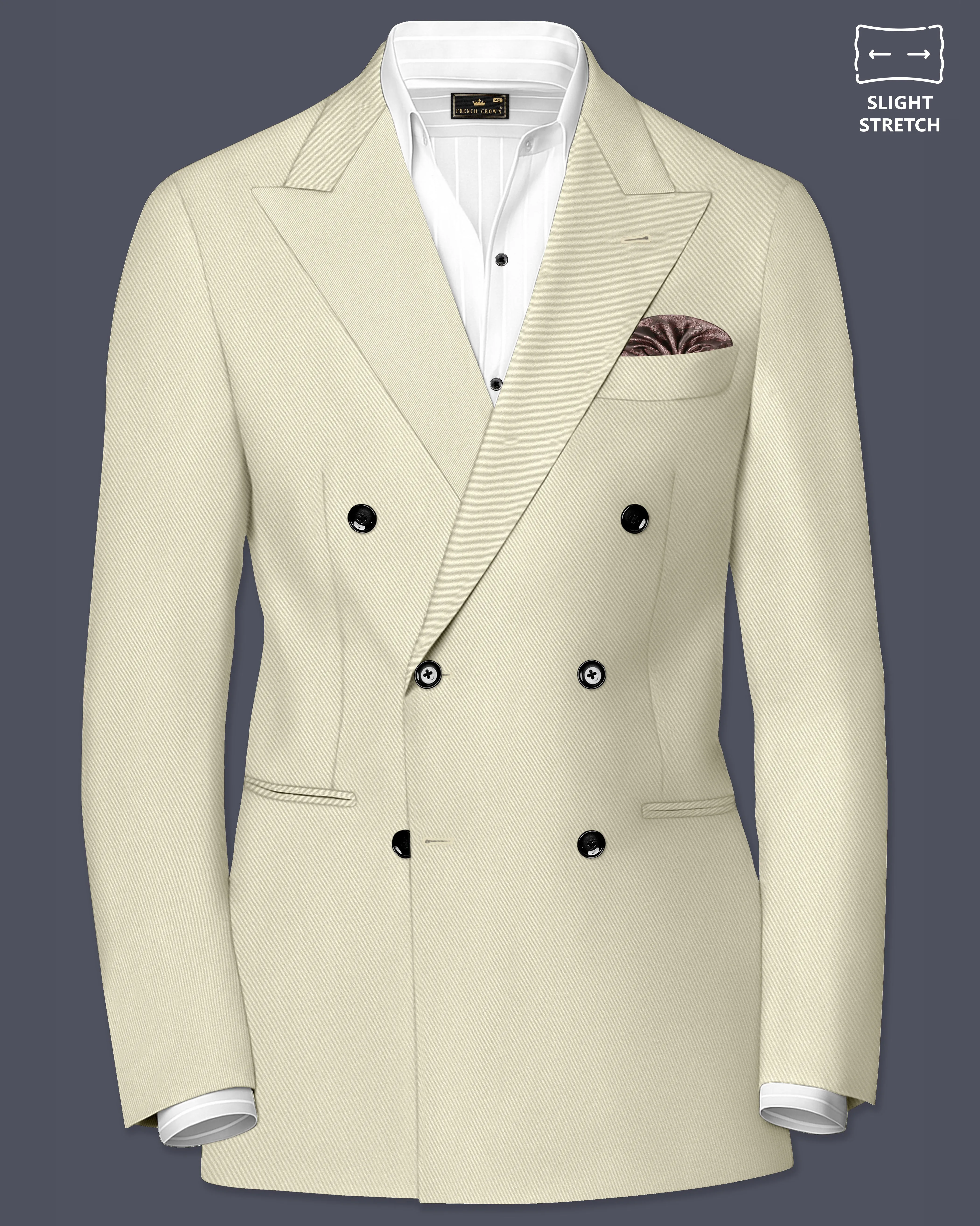 Ivory-Sisal Cream Slight Stretch Subtle Sheen Poly-Viscose Double Breasted Blazer sold by French Crown