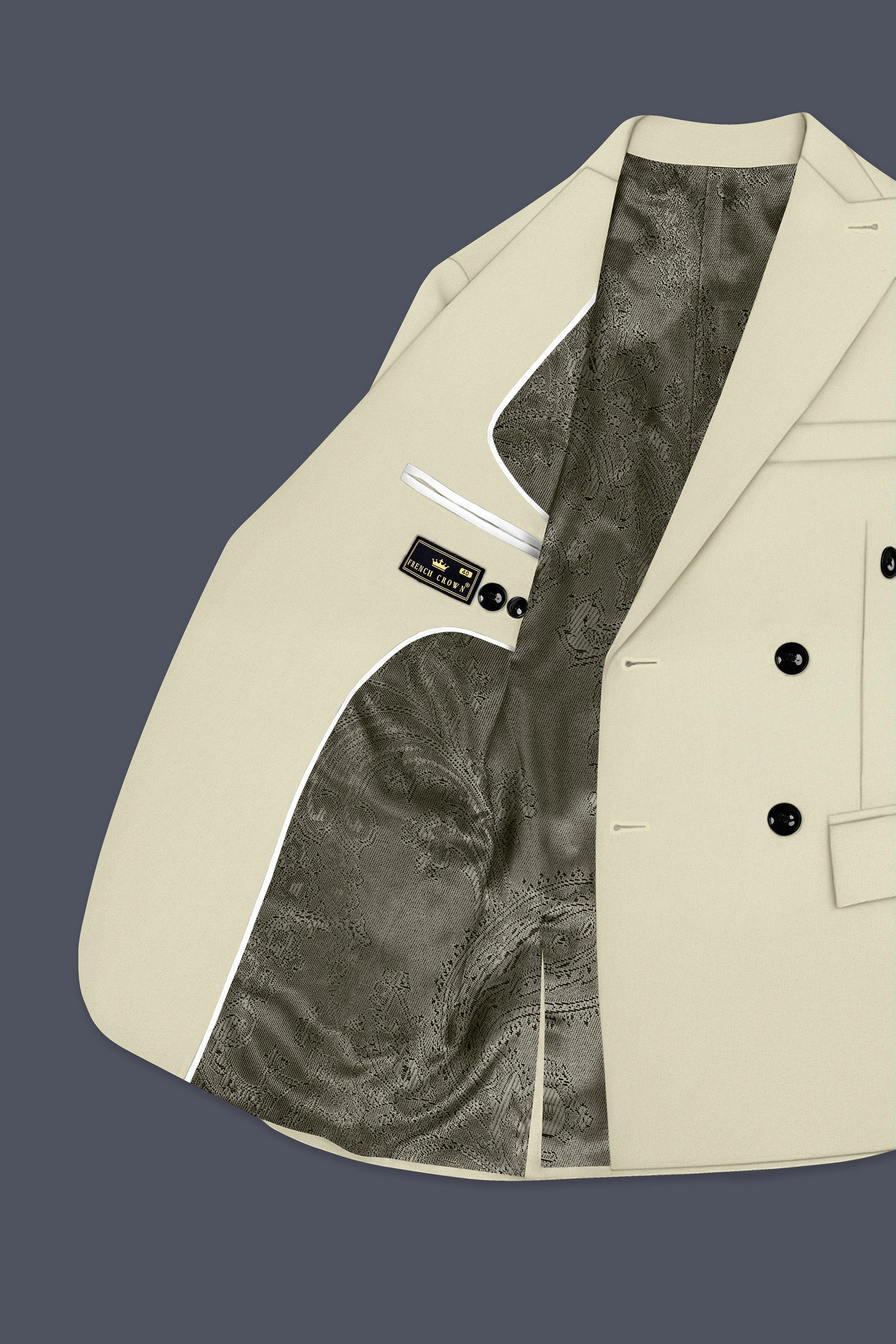 Ivory-Sisal Cream Slight Stretch Subtle Sheen Poly-Viscose Double Breasted Blazer sold by French Crown product image thumbnail 5