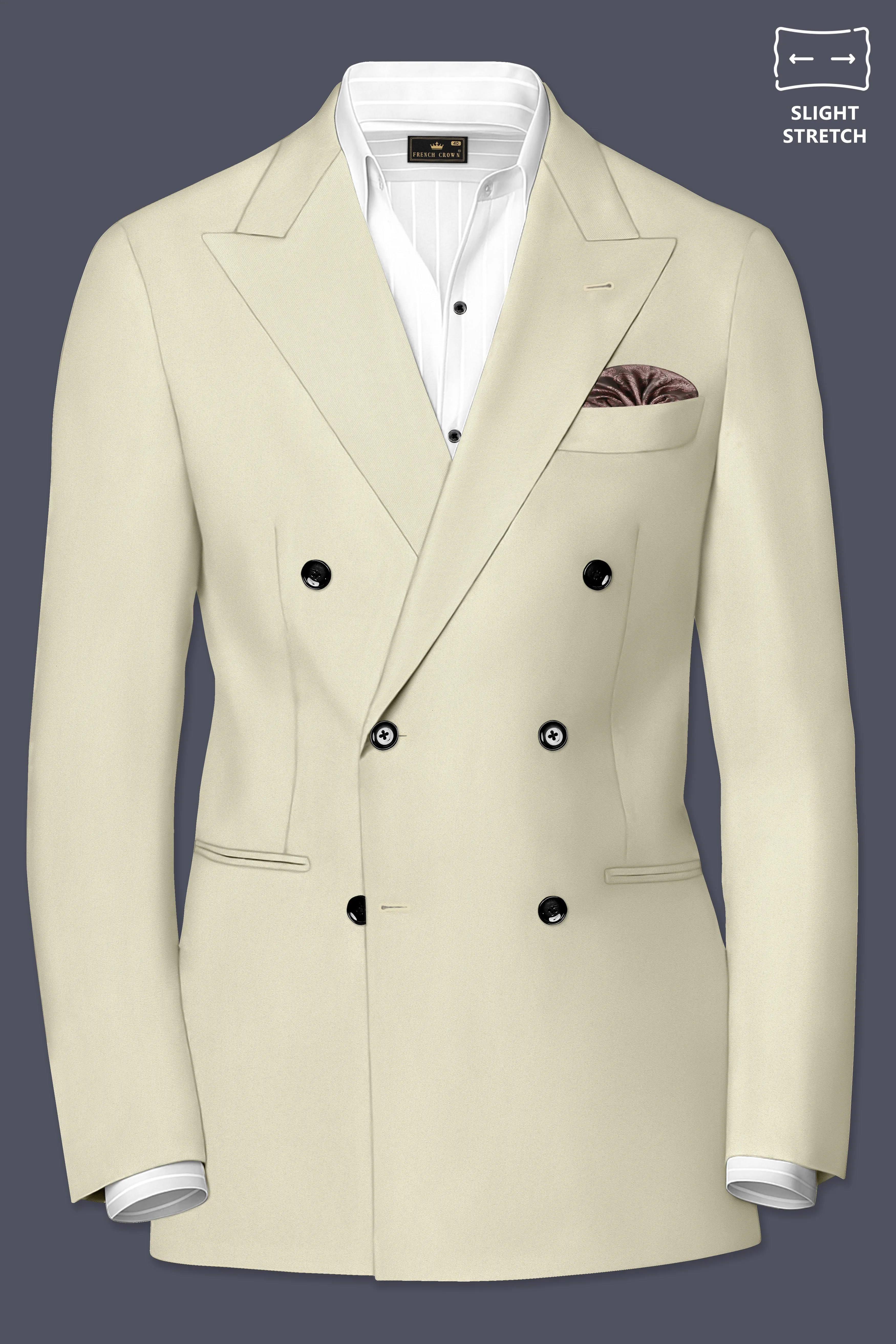 Ivory-Sisal Cream Slight Stretch Subtle Sheen Poly-Viscose Double Breasted Blazer sold by French Crown product image thumbnail 2