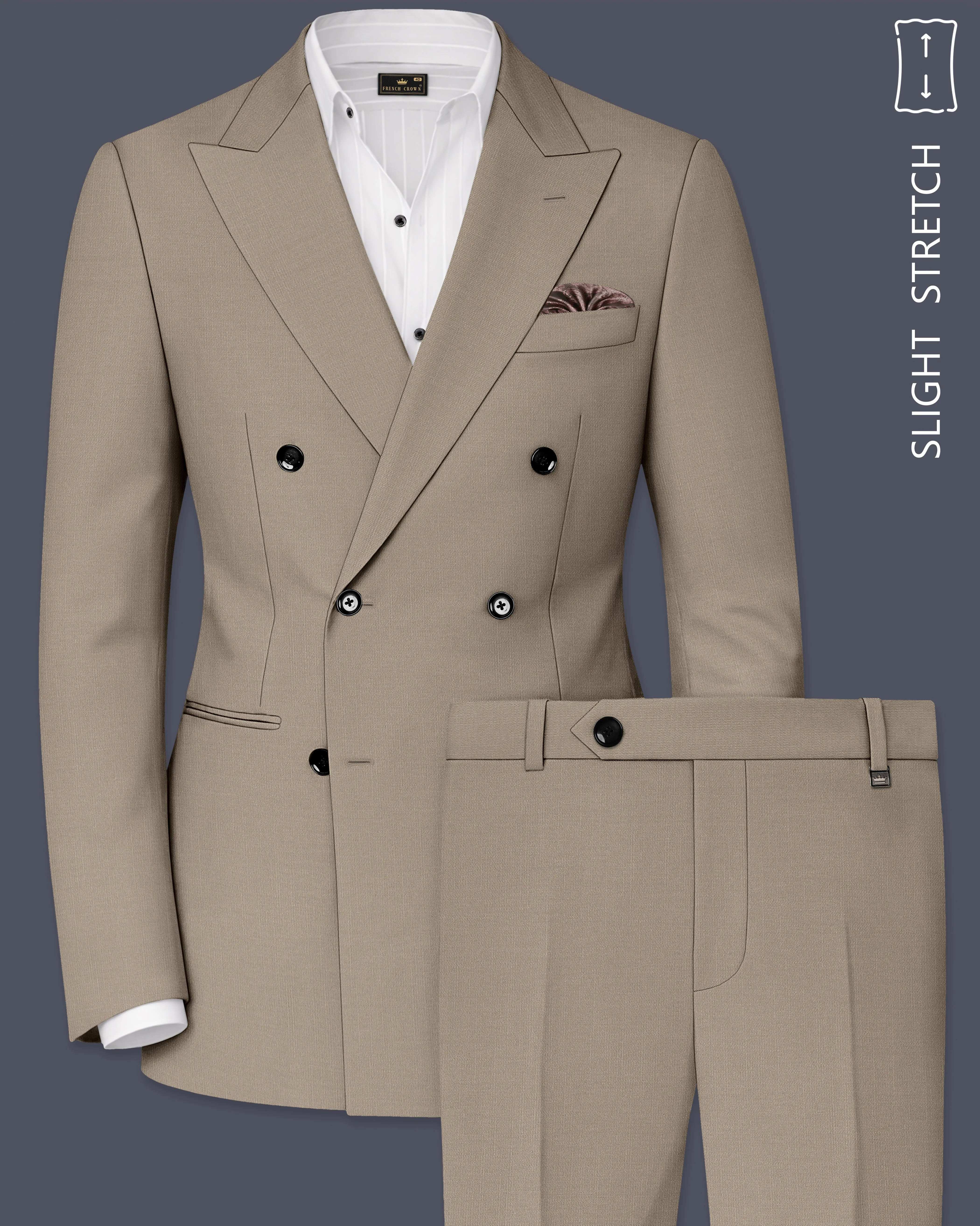 Umber-Stonewall Brown Wool Rich Slight Stretch Double Breasted Suit sold by French Crown