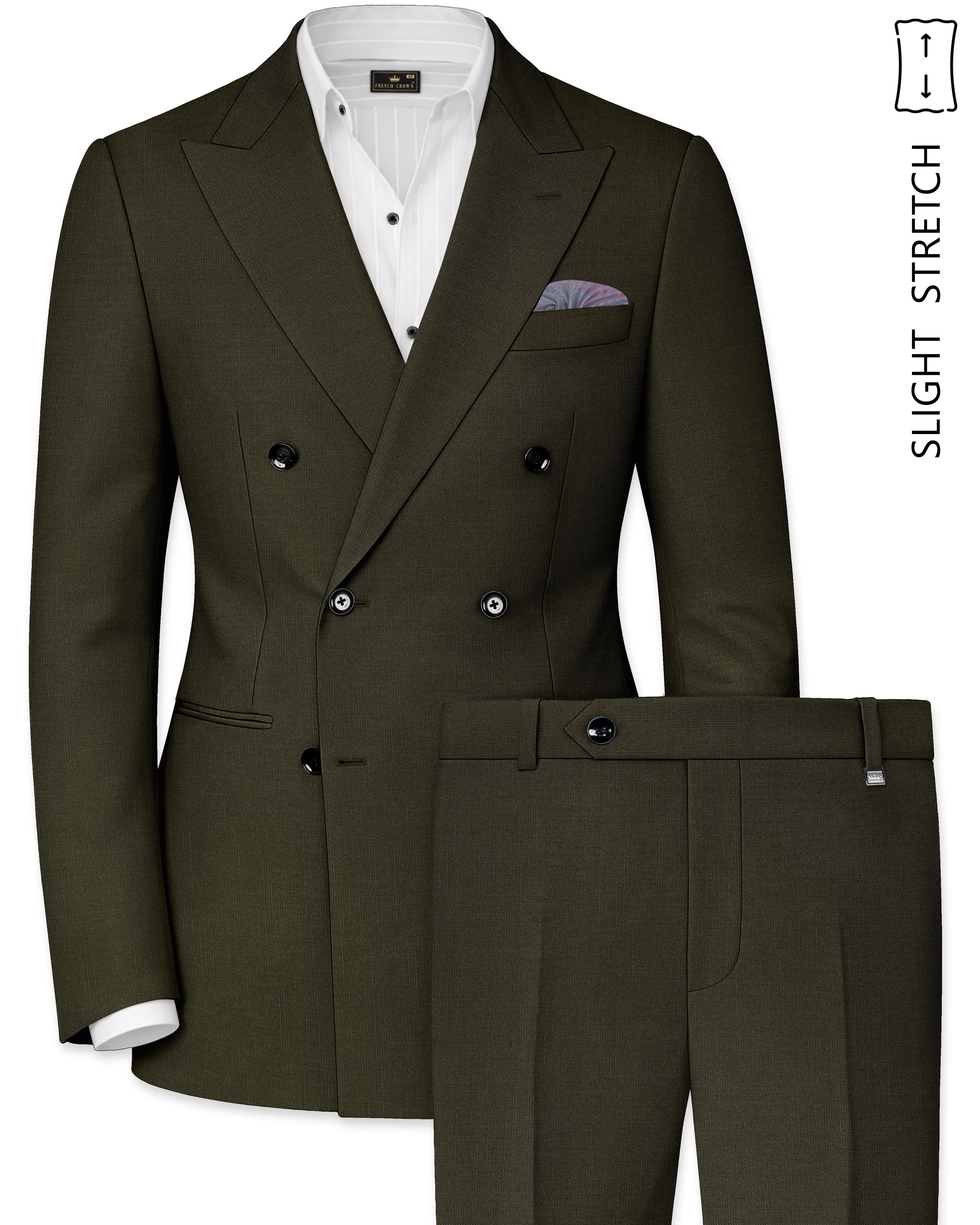 Mossley-Rangoon Green Wool Rich Slight Stretch Double Breasted Suit sold by French Crown