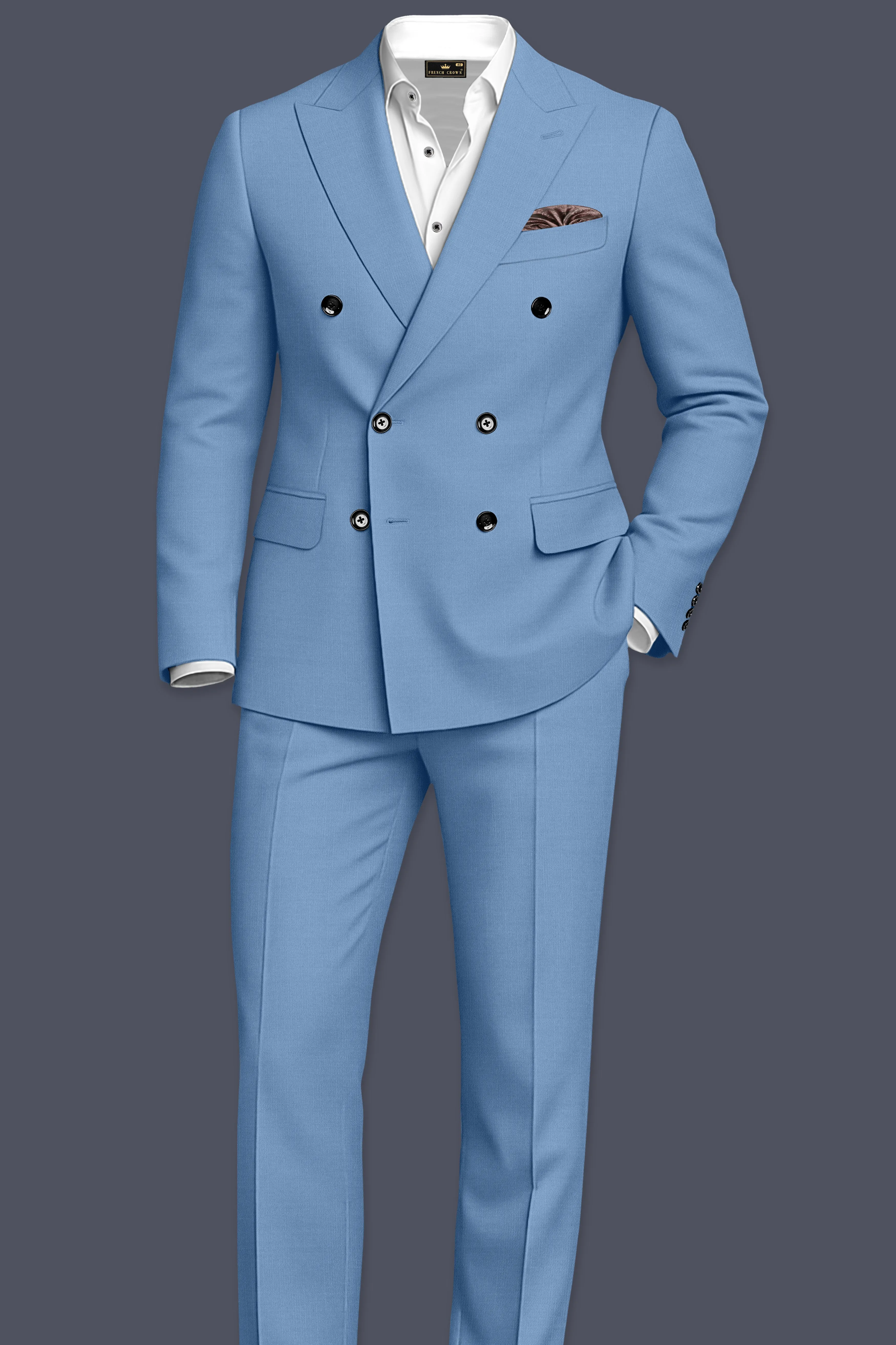 Azure-Glaucous Blue Wool Rich Slight Stretch Double Breasted Suit sold by French Crown product image thumbnail 4