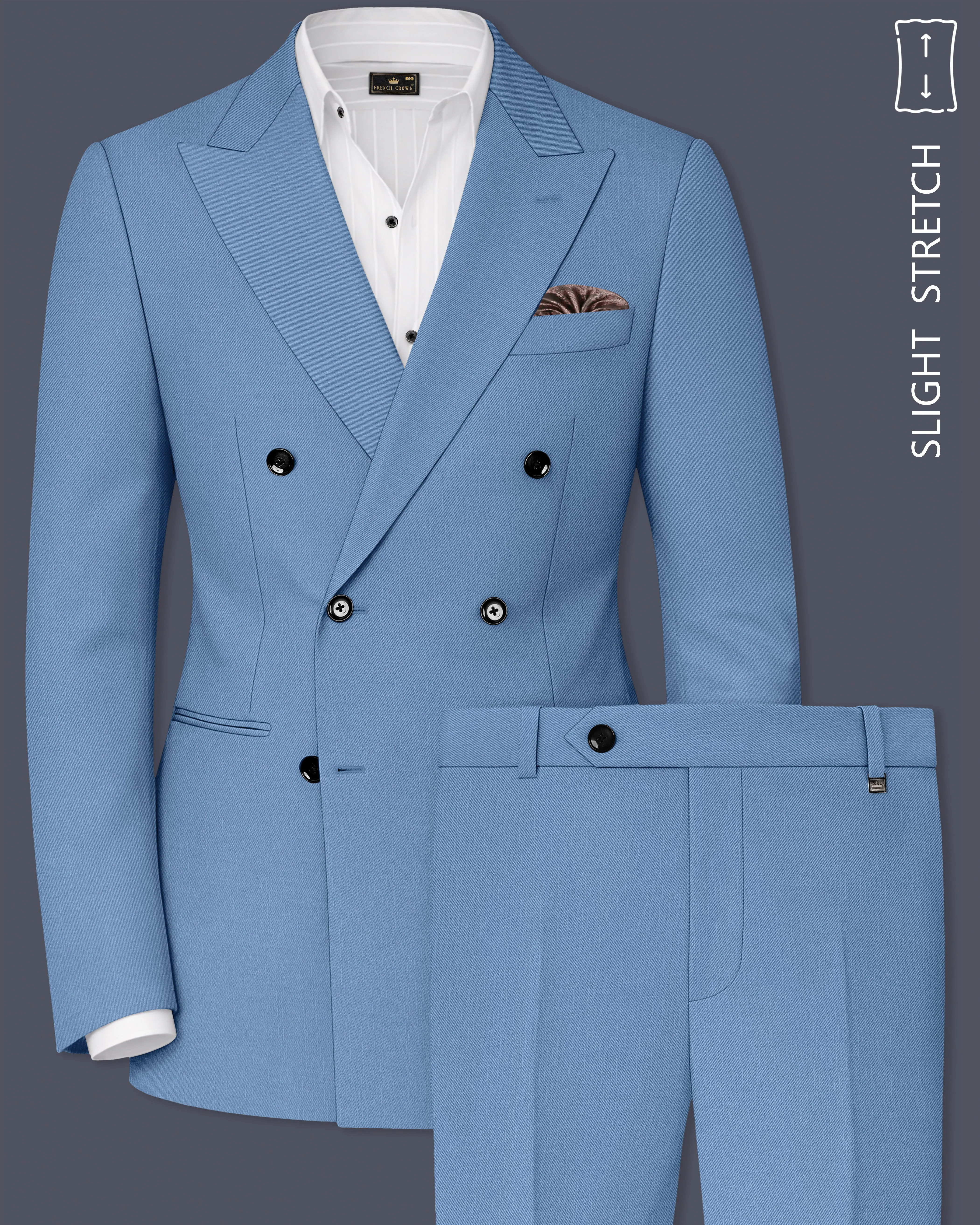 Azure-Glaucous Blue Wool Rich Slight Stretch Double Breasted Suit sold by French Crown