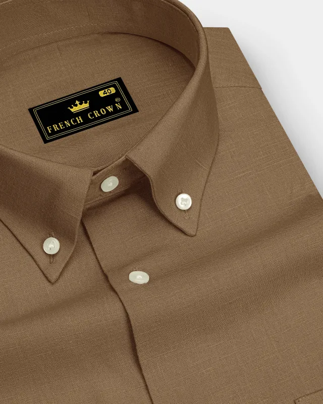 Toast-Pastel Brown Luxurious Linen Button Down Dress Shirt made by French Crown